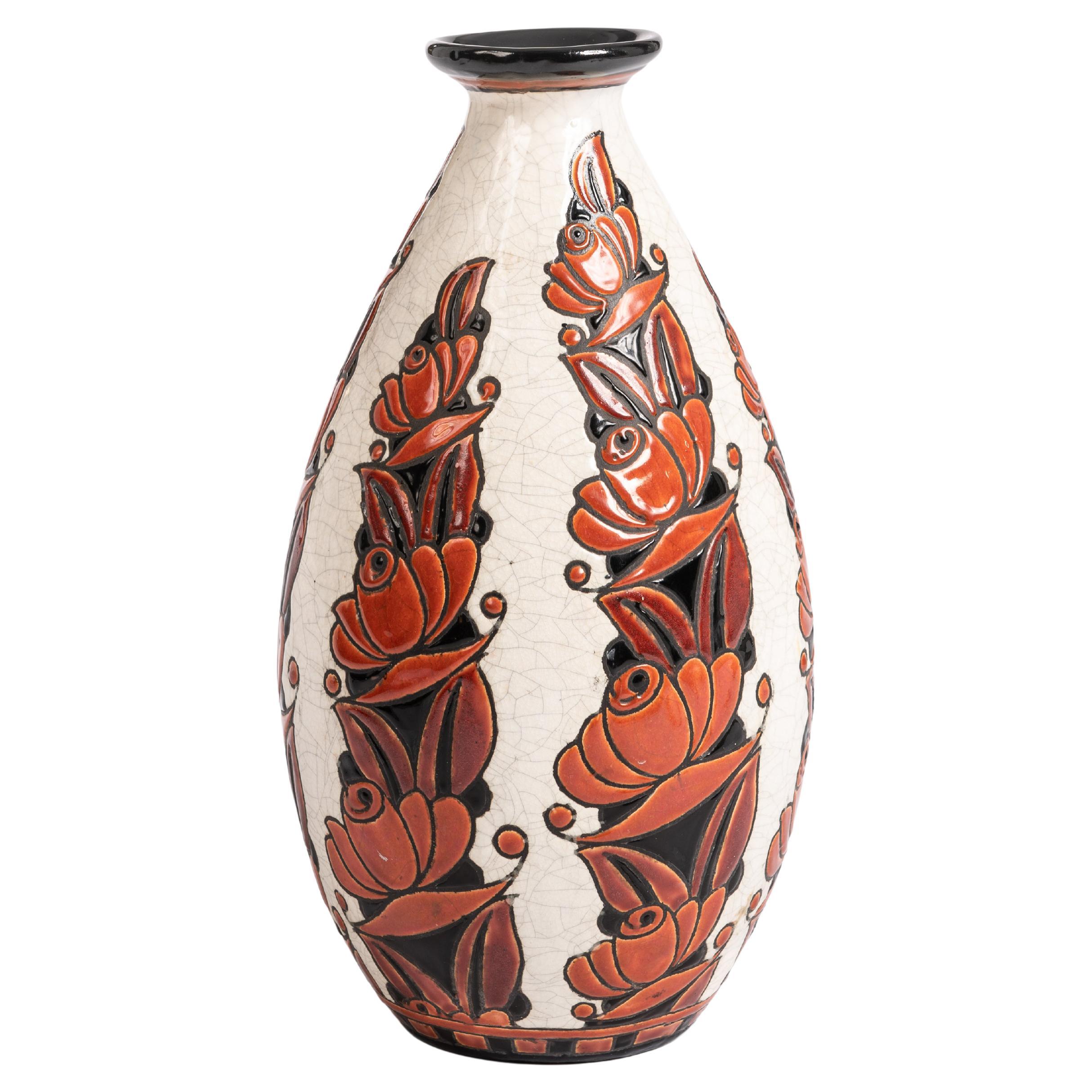 Large Art Deco Ceramic Vase in Orange-Red-Black-Beige by Boch Frères Belgium 30s