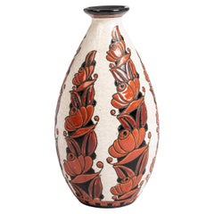 Large Art Deco Ceramic Vase in Orange-Red-Black-Beige by Boch Frères Belgium 30s
