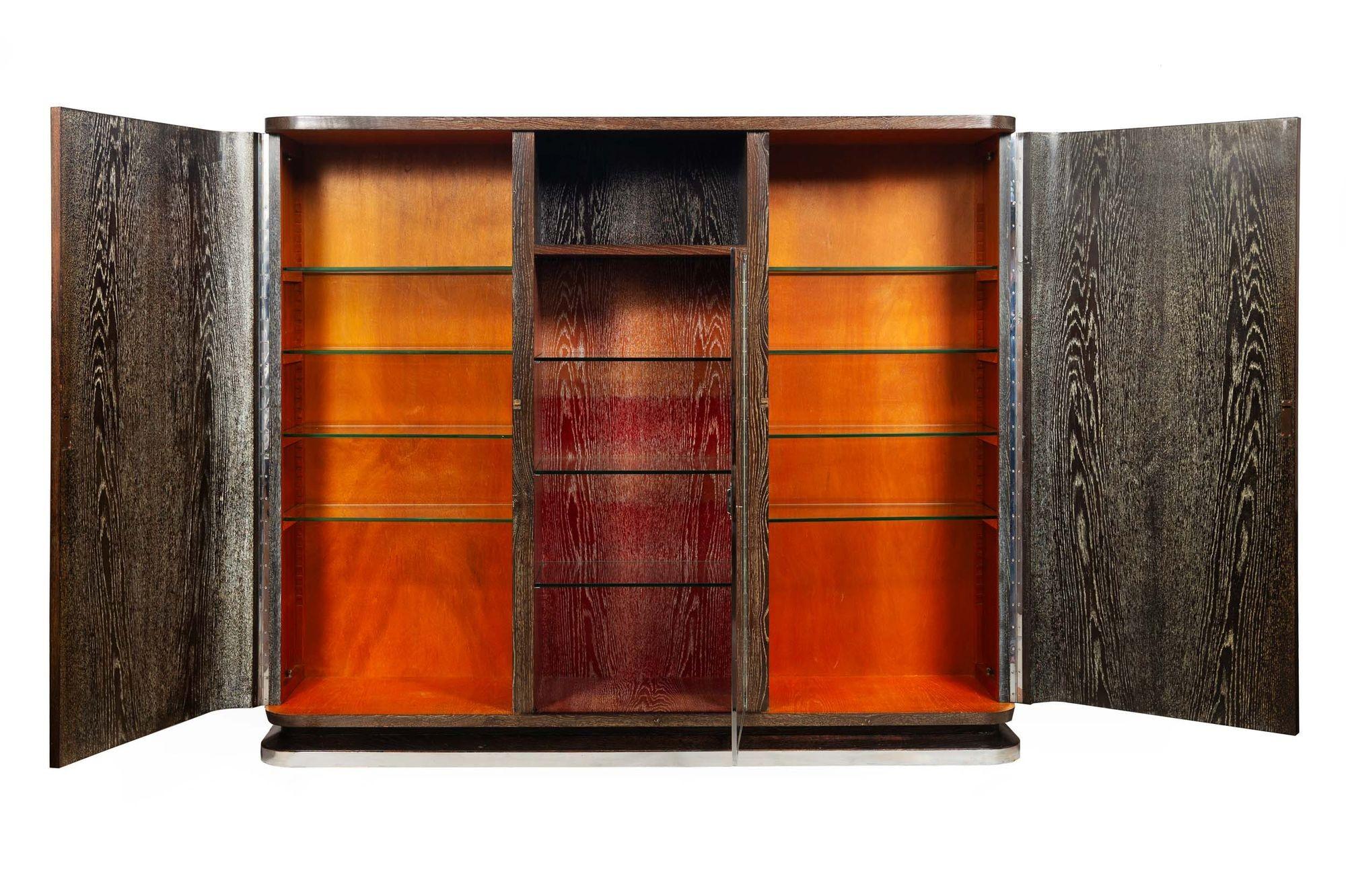 Glass Large Art Deco Cerused Oak Display Cabinet Bookcase circa 1940 For Sale