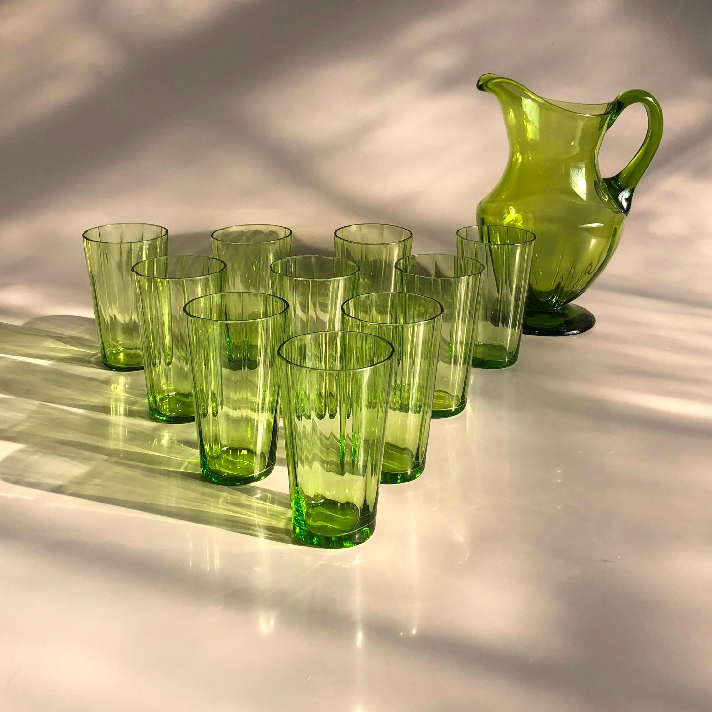 Large Art Deco Champagne&White&Red Wine&Water Set in Green Glass Austria, 1920s For Sale 6