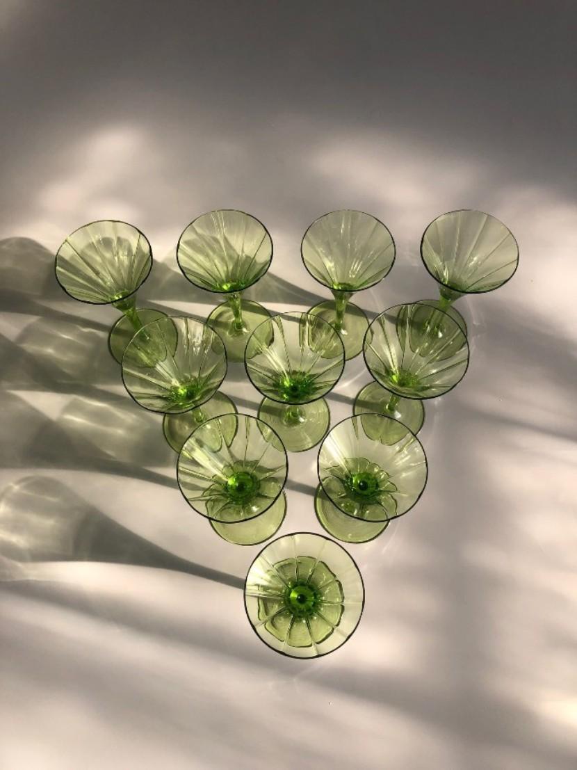 Large Art Deco Champagne&White&Red Wine&Water Set in Green Glass Austria, 1920s For Sale 12