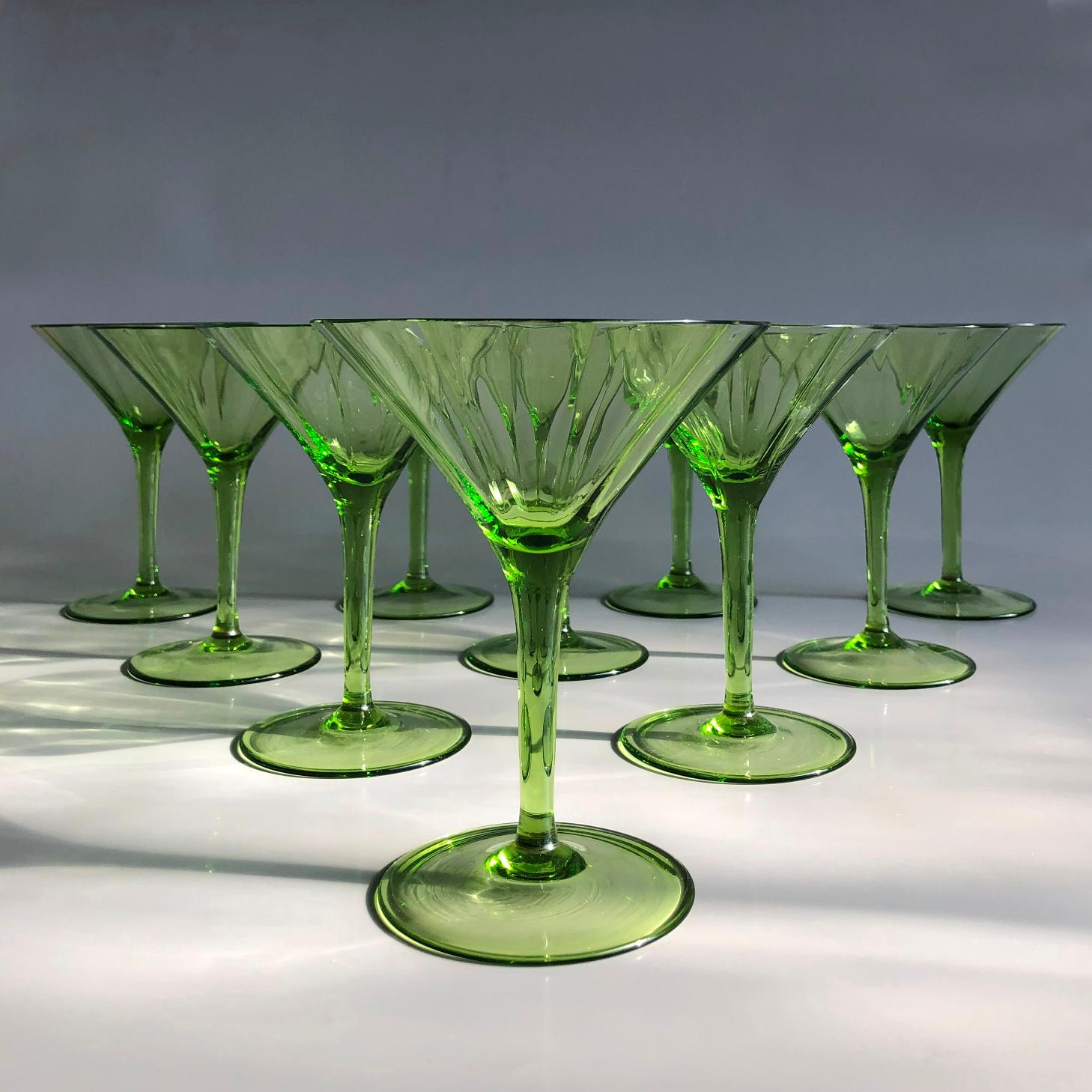 Hand-Crafted Large Art Deco Champagne&White&Red Wine&Water Set in Green Glass Austria, 1920s For Sale