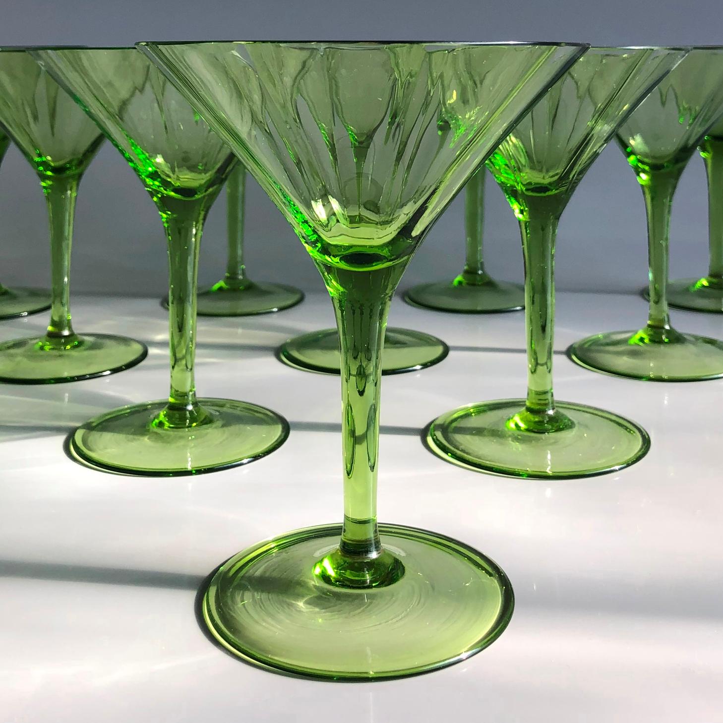 Blown Glass Large Art Deco Champagne&White&Red Wine&Water Set in Green Glass Austria, 1920s For Sale