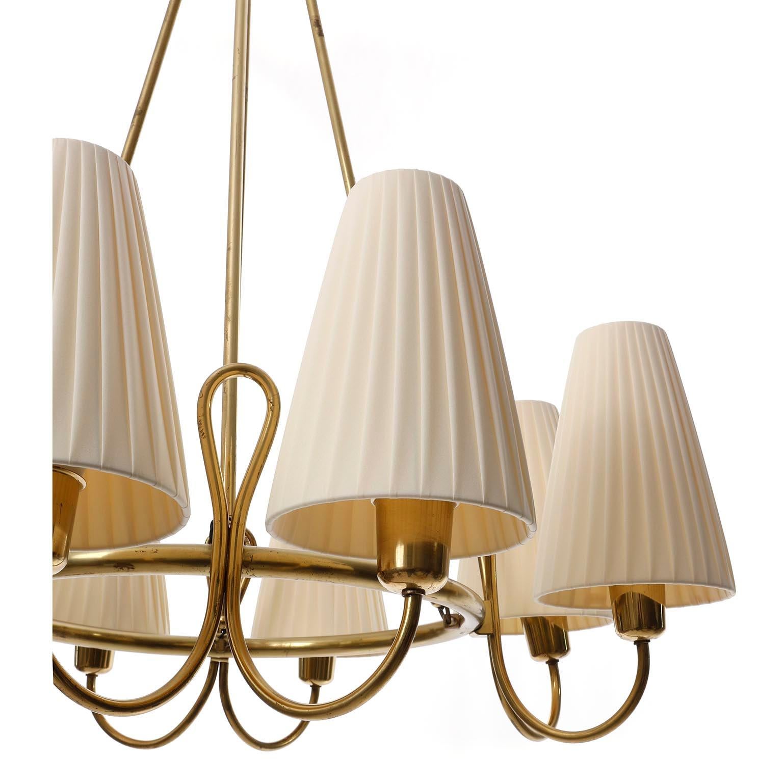 Large Art Deco Chandelier, Brass Pleated Cream Fabric Shades, 1930s 4