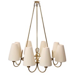Large Art Deco Chandelier, Brass Pleated Cream Fabric Shades, 1930s