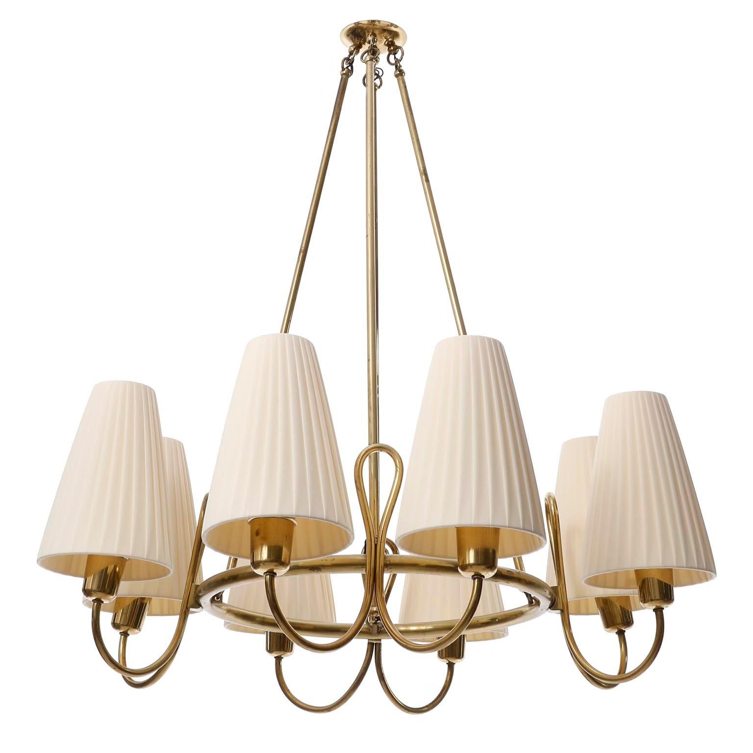 Polished Large Art Deco Chandelier, Brass Pleated Cream Fabric Shades, 1930s