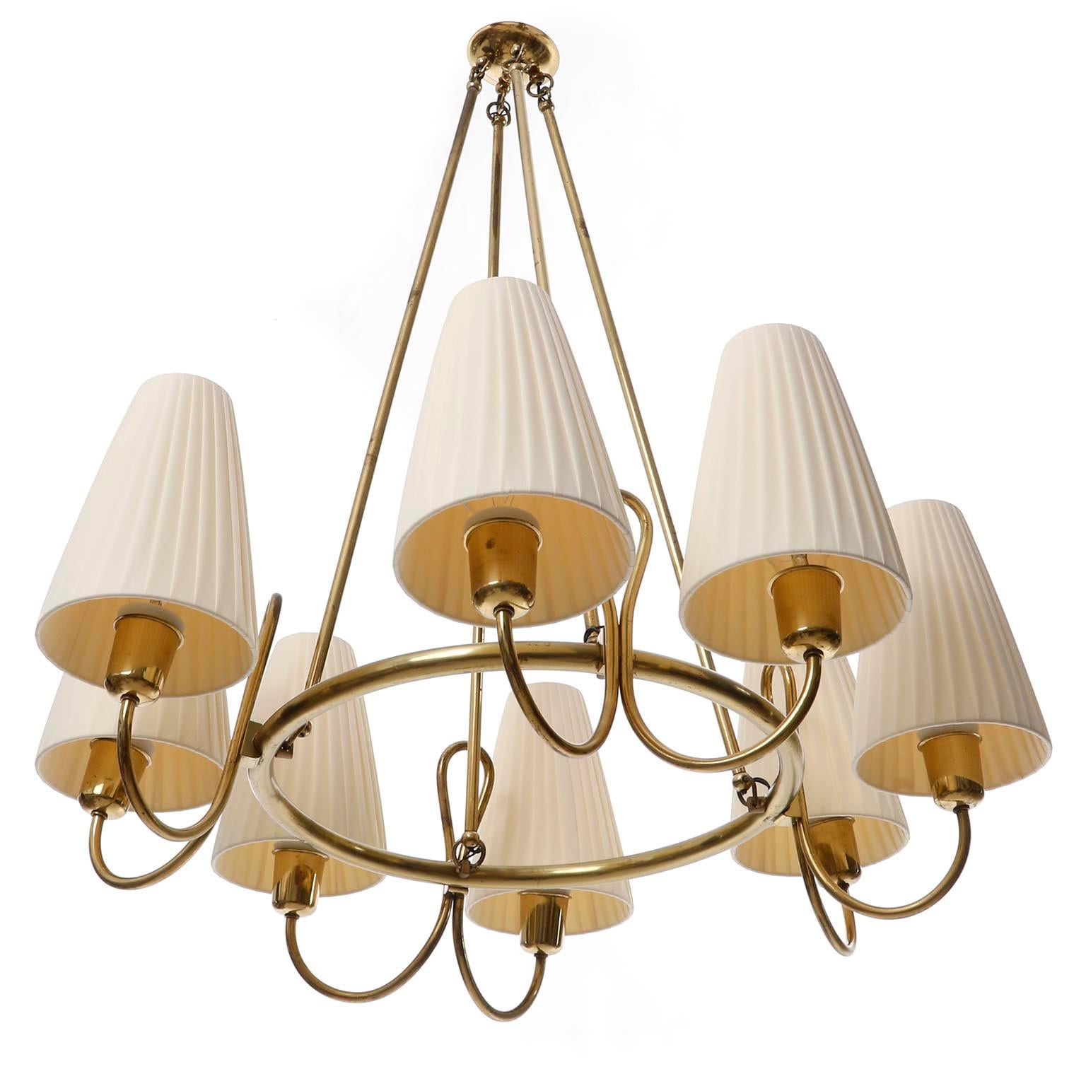 Large Art Deco Chandelier, Brass Pleated Cream Fabric Shades, 1930s 1