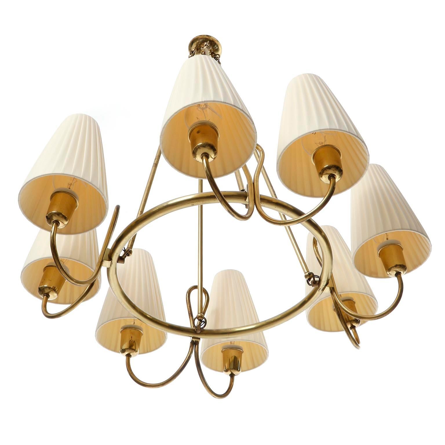 Large Art Deco Chandelier, Brass Pleated Cream Fabric Shades, 1930s 2