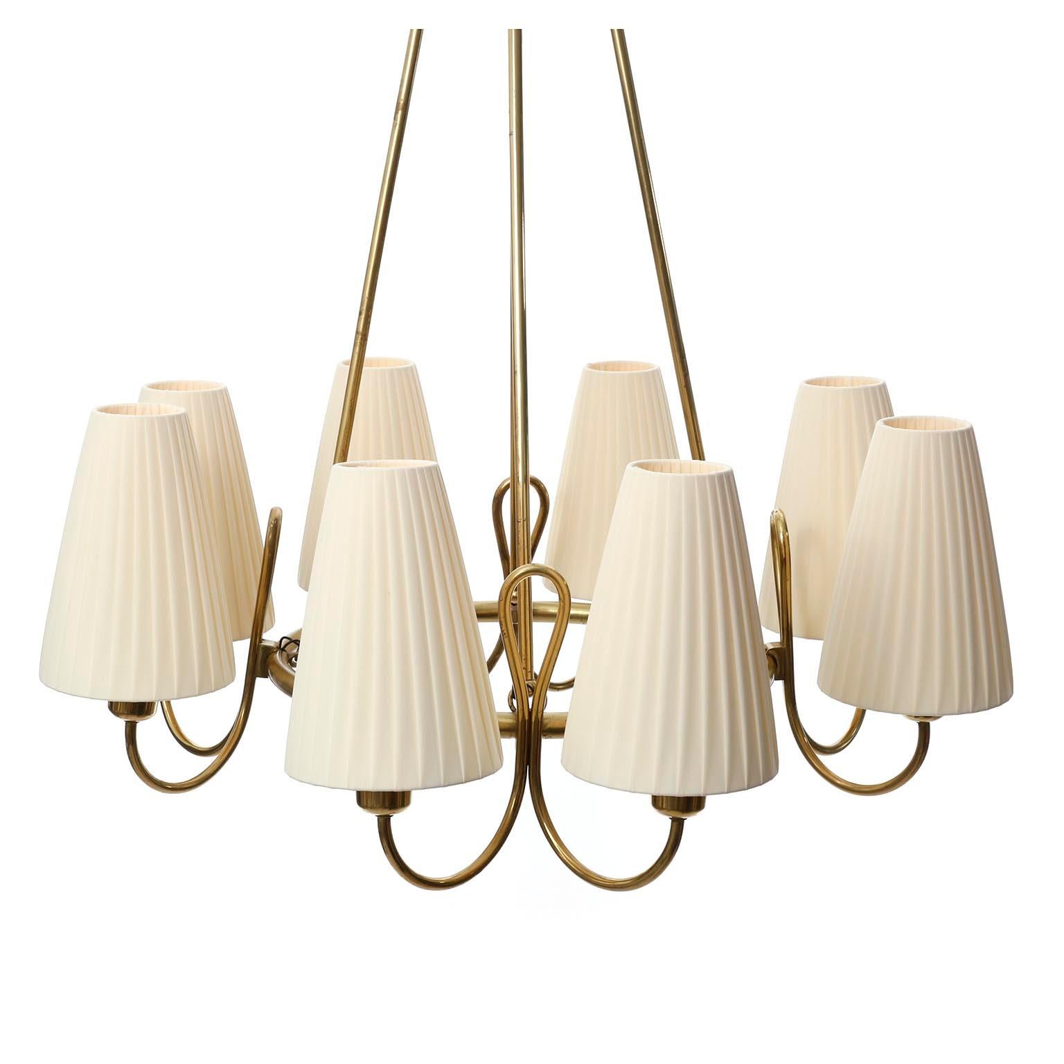 Large Art Deco Chandelier, Brass Pleated Cream Fabric Shades, 1930s 3