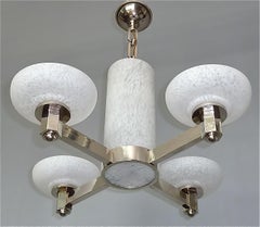 Großer Art-Déco-Kronleuchter aus Chrom, Bronze und weißem Glas, Schneider Daum, Frankreich, 1920er Jahre