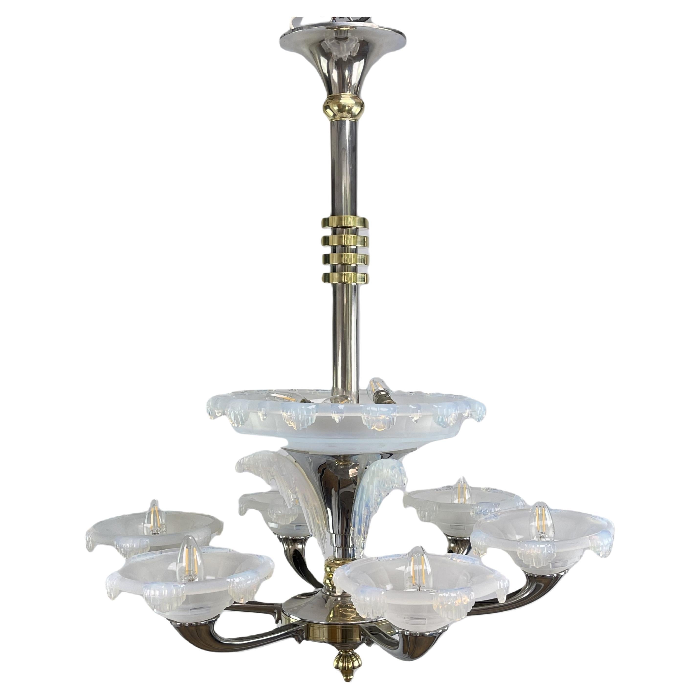 Large ART DECO chandelier hanging lamp signed by EZAN design Boris Lacroix 1930s