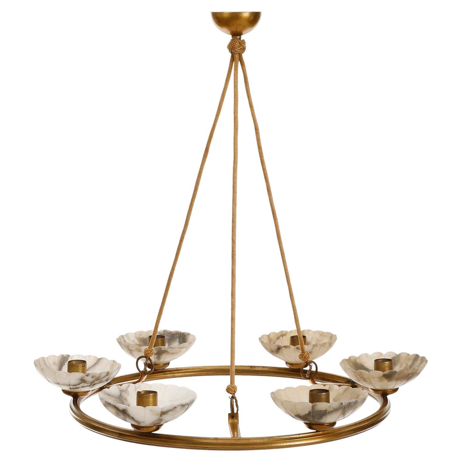 Swedish Large Art Deco Chandelier Pendant Light, Alabaster Bronze Patinated Brass, 1930s