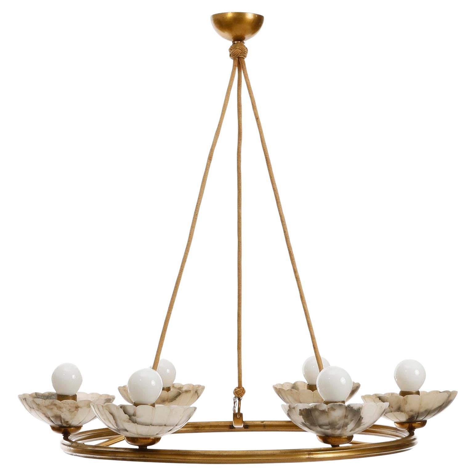 Large Art Deco Chandelier Pendant Light, Alabaster Bronze Patinated Brass, 1930s In Good Condition In Hausmannstätten, AT