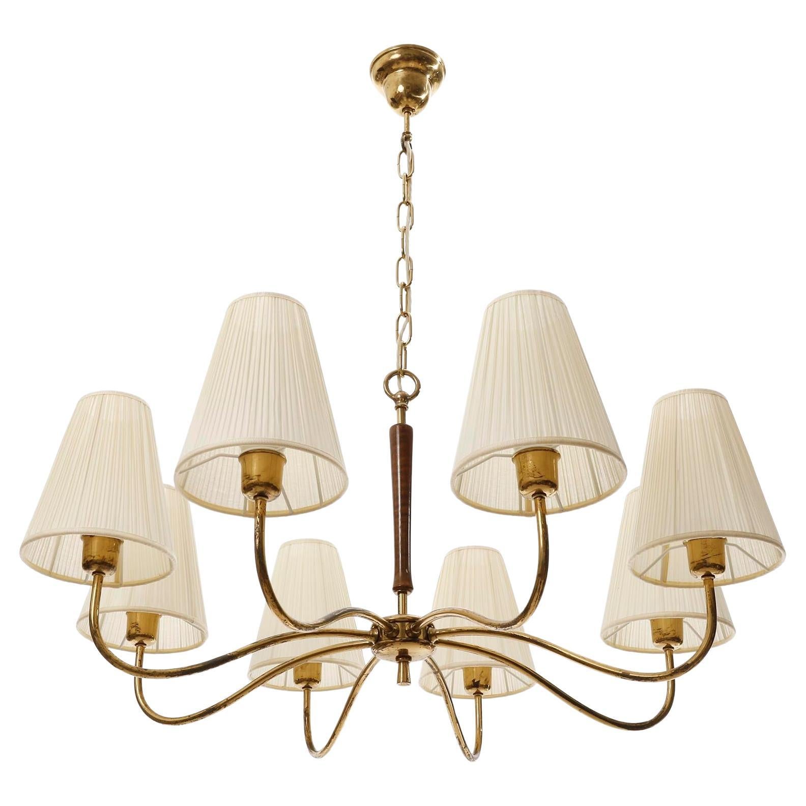 Austrian Large Art Deco Chandelier Pendant Light, Wood Brass Cream Fabric Shades, 1930s For Sale