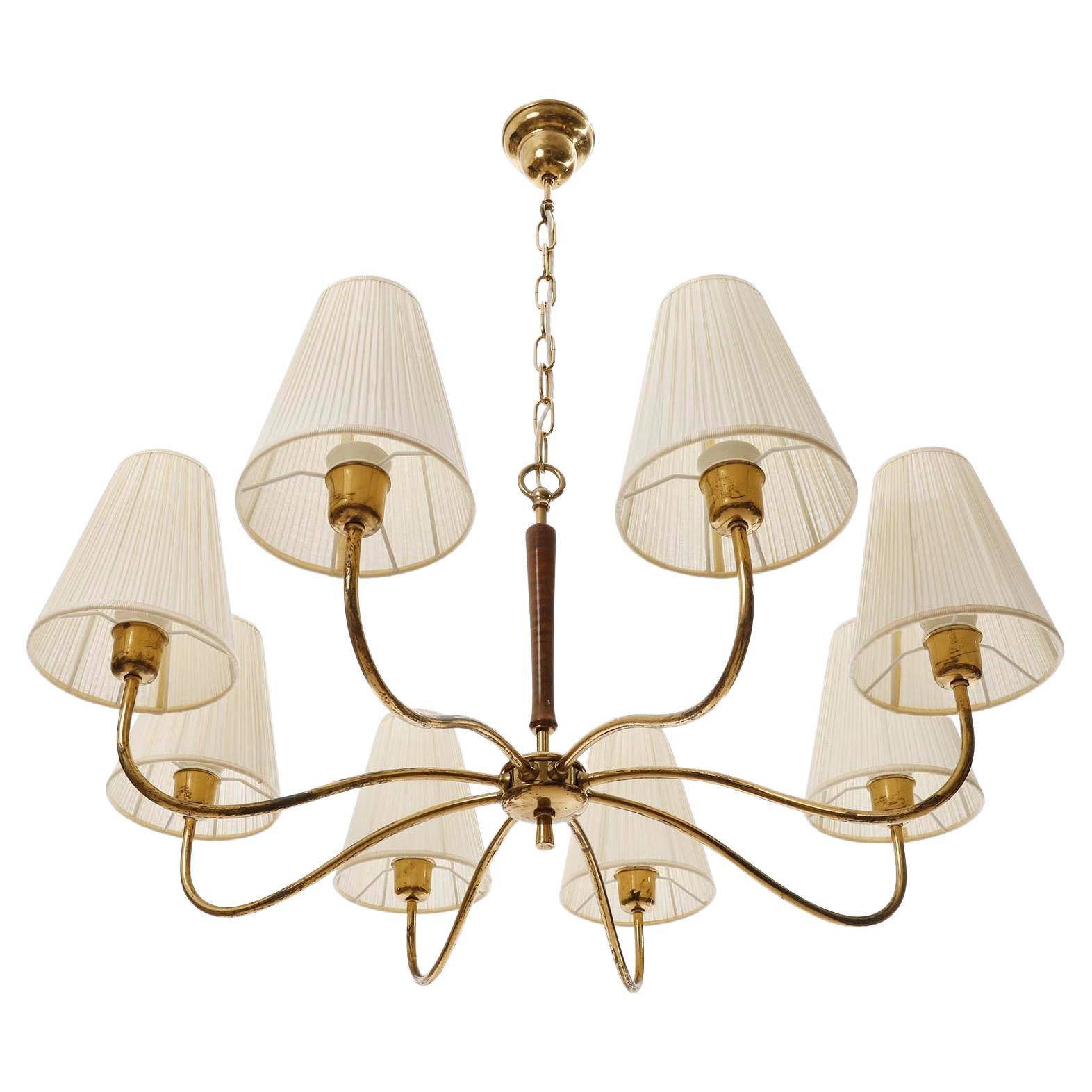 Polished Large Art Deco Chandelier Pendant Light, Wood Brass Cream Fabric Shades, 1930s For Sale