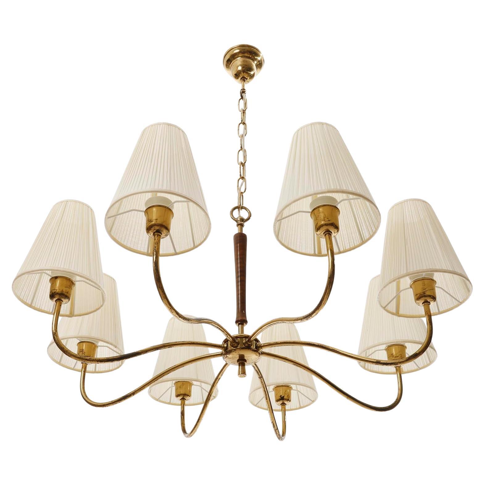 Stained Large Art Deco Chandelier Pendant Light, Wood Brass Cream Fabric Shades, 1930s For Sale