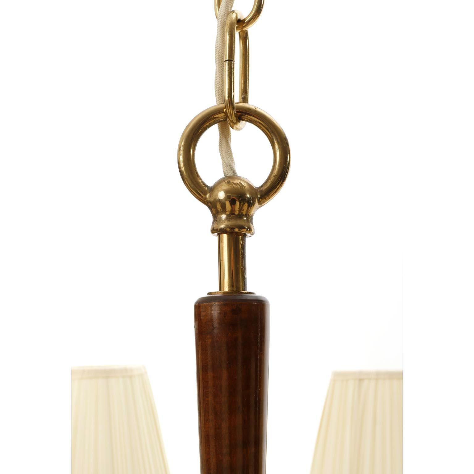 Mid-20th Century Large Art Deco Chandelier Pendant Light, Wood Brass Cream Fabric Shades, 1930s For Sale