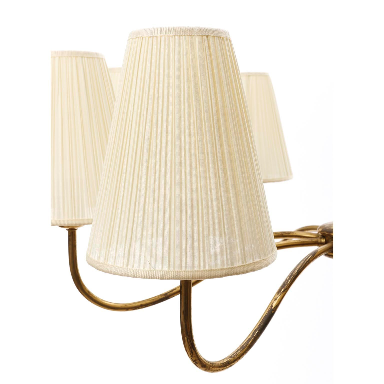 Large Art Deco Chandelier Pendant Light, Wood Brass Cream Fabric Shades, 1930s For Sale 1