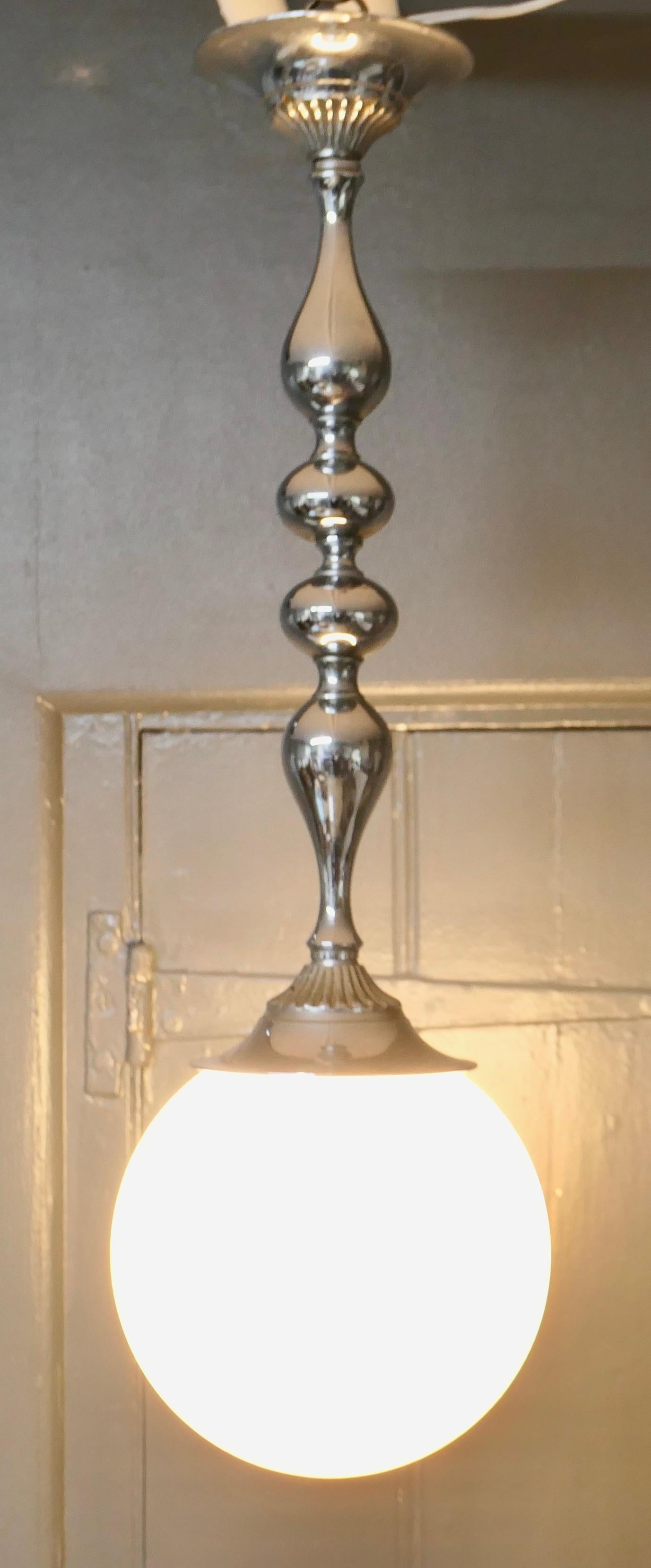 20th Century Large Art Deco Chrome Opaque Glass Globe Hanging Light    For Sale