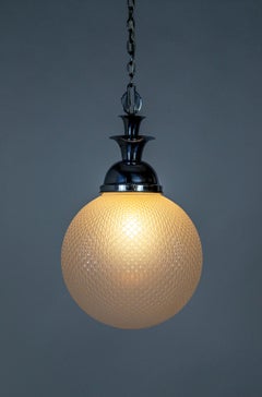 Large Art Deco Chrome & Textured Opal Glass Globe Pendant Light