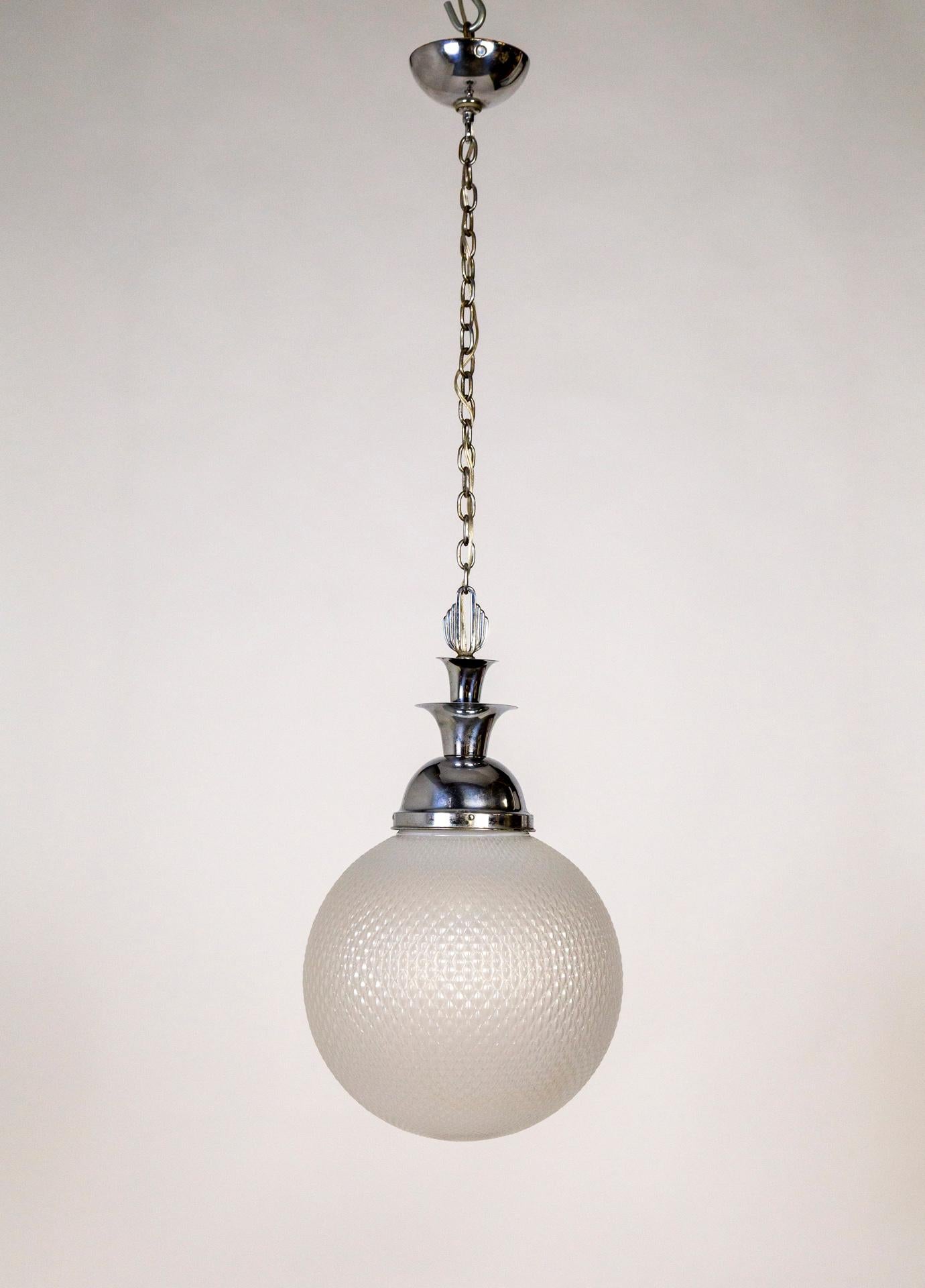 Large Art Deco Chrome & Textured Opal Glass Globe Pendant Light  In Good Condition For Sale In San Francisco, CA