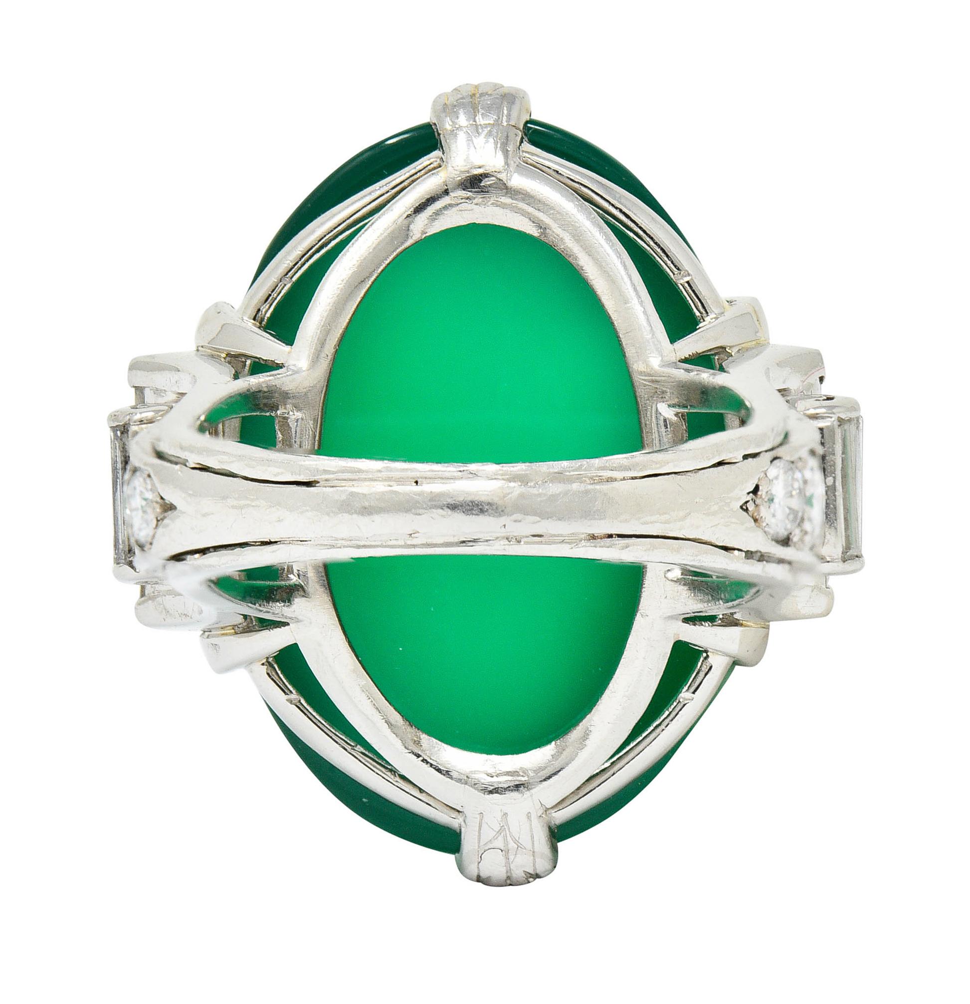 Large Art Deco Chrysoprase Diamond Platinum Cabochon Statement Ring In Excellent Condition In Philadelphia, PA