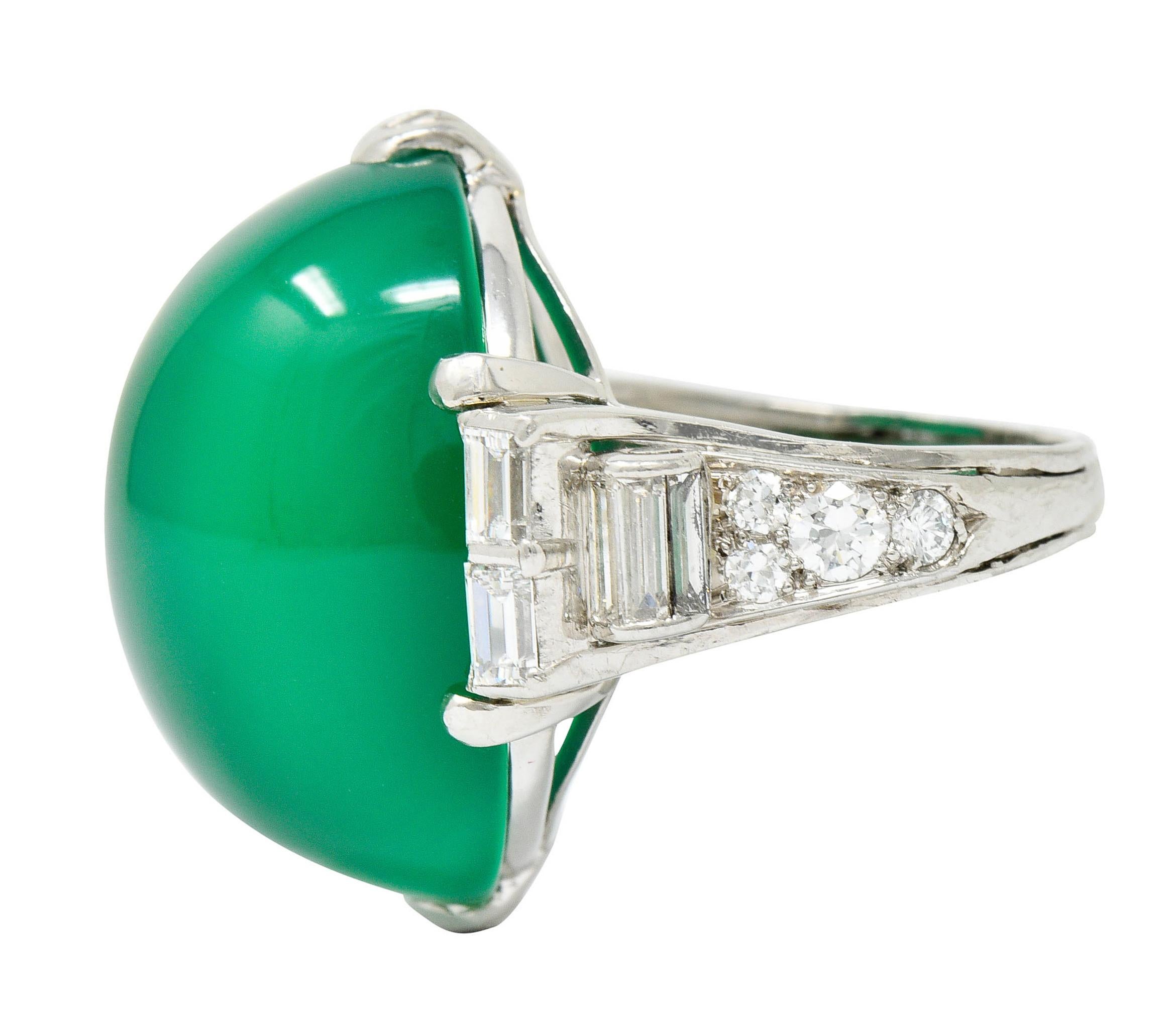 Women's or Men's Large Art Deco Chrysoprase Diamond Platinum Cabochon Statement Ring