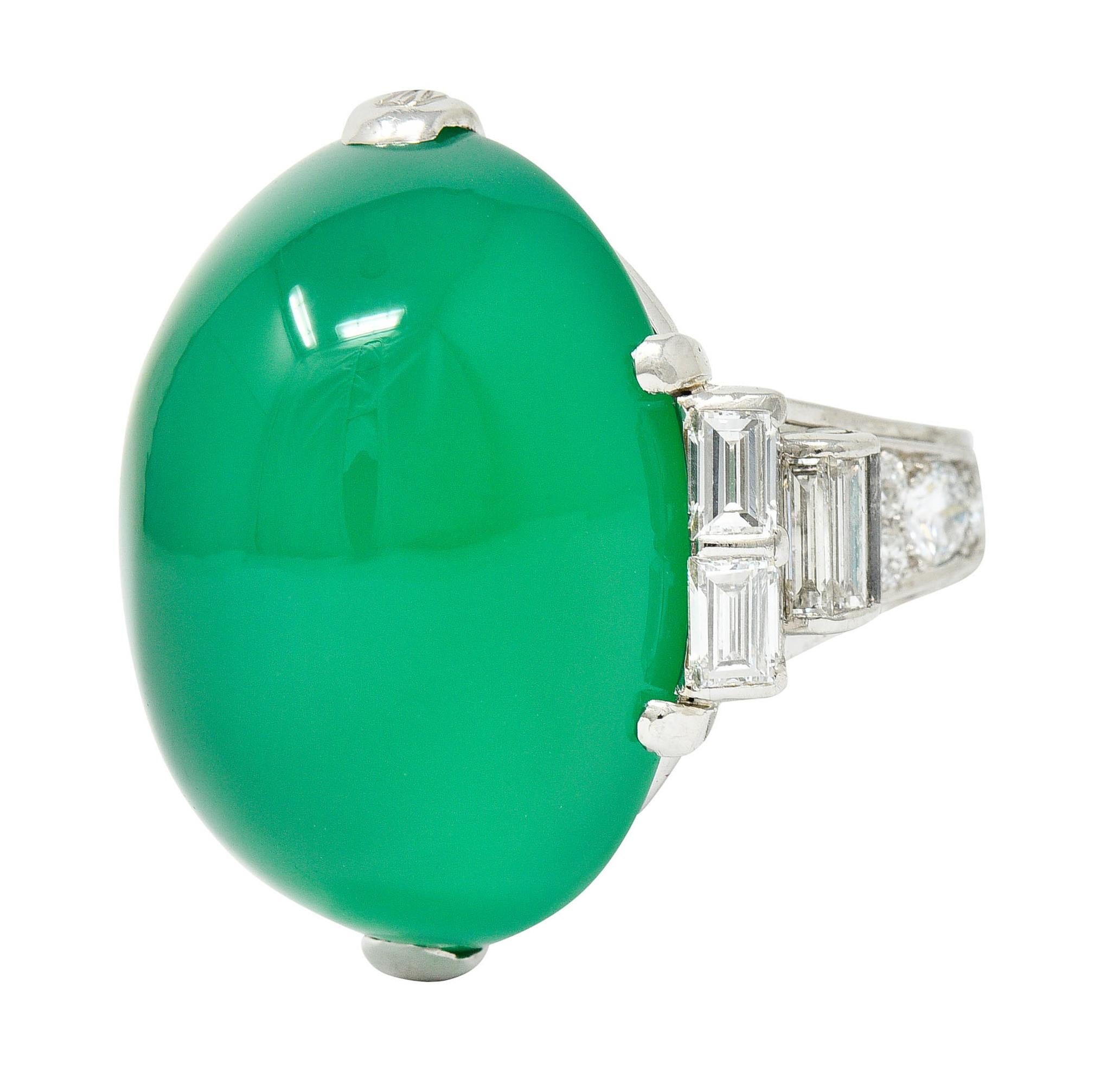 Large Art Deco Chrysoprase Diamond Platinum Cabochon Statement Ring 1