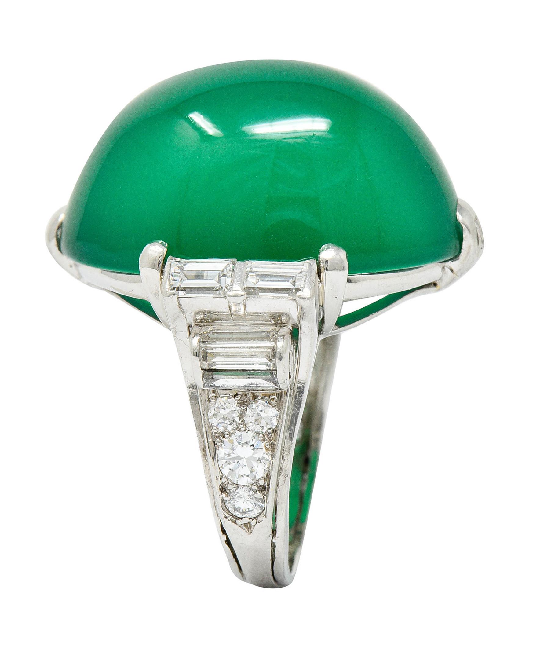 Large Art Deco Chrysoprase Diamond Platinum Cabochon Statement Ring 3