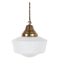 Large Art Deco Church Opaline Glass Pendant Lamp With Brass Gallery, C.1930