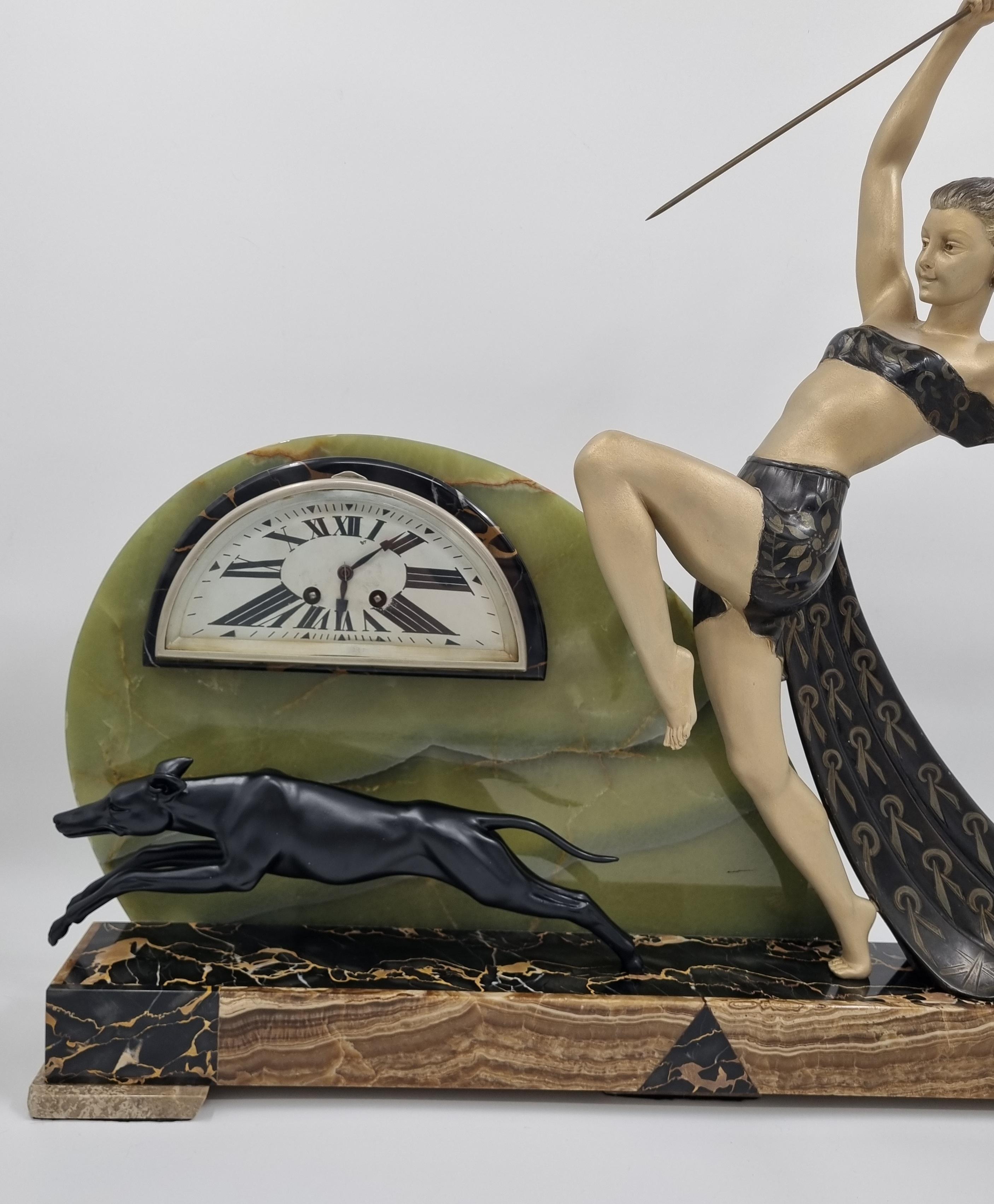 French Large Art Deco Clock Diana the Huntress with Greyhound
