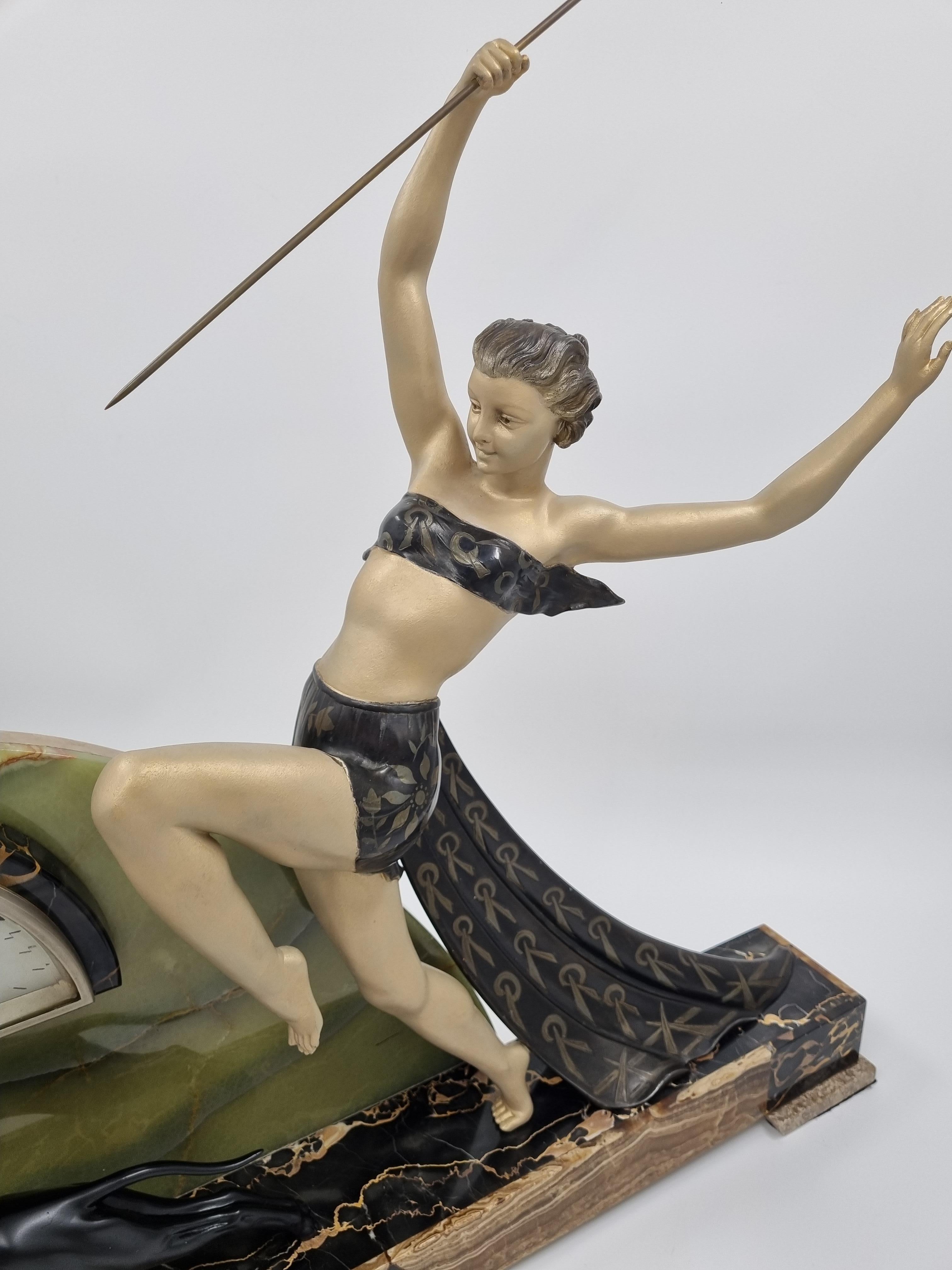 Large Art Deco Clock Diana the Huntress with Greyhound In Good Condition In Hoddesdon, GB