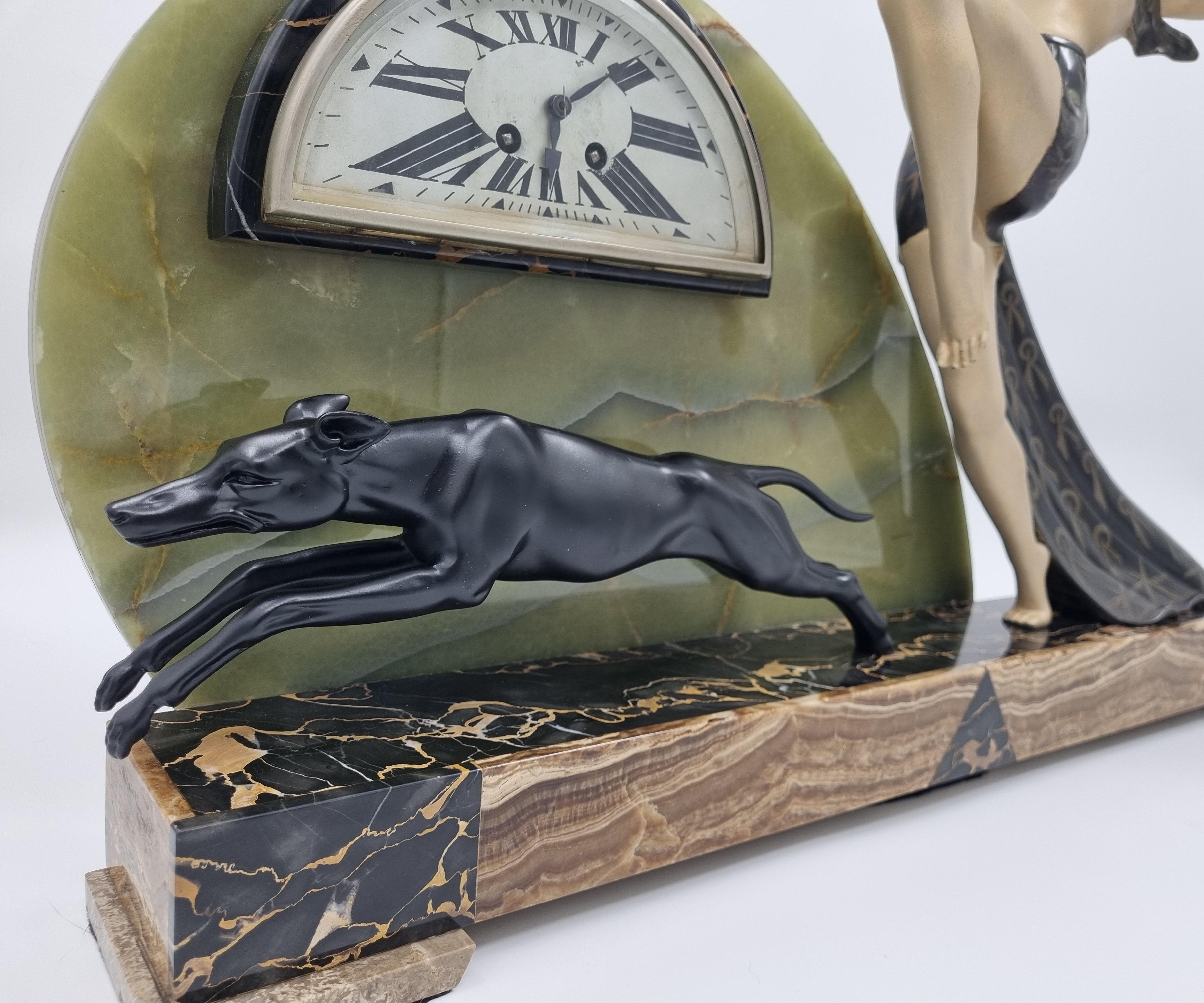 Mid-20th Century Large Art Deco Clock Diana the Huntress with Greyhound