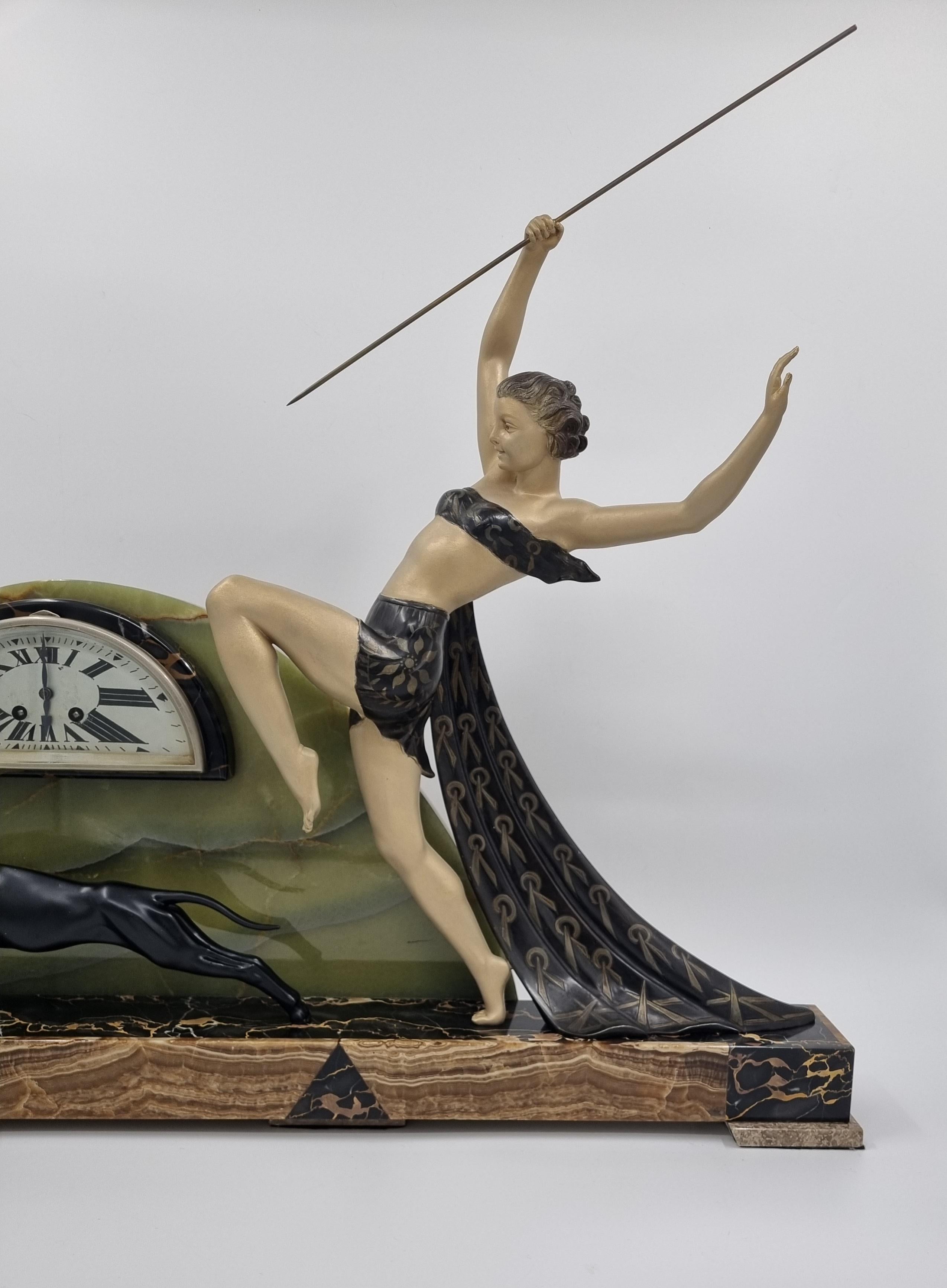 Large Art Deco Clock Diana the Huntress with Greyhound 1