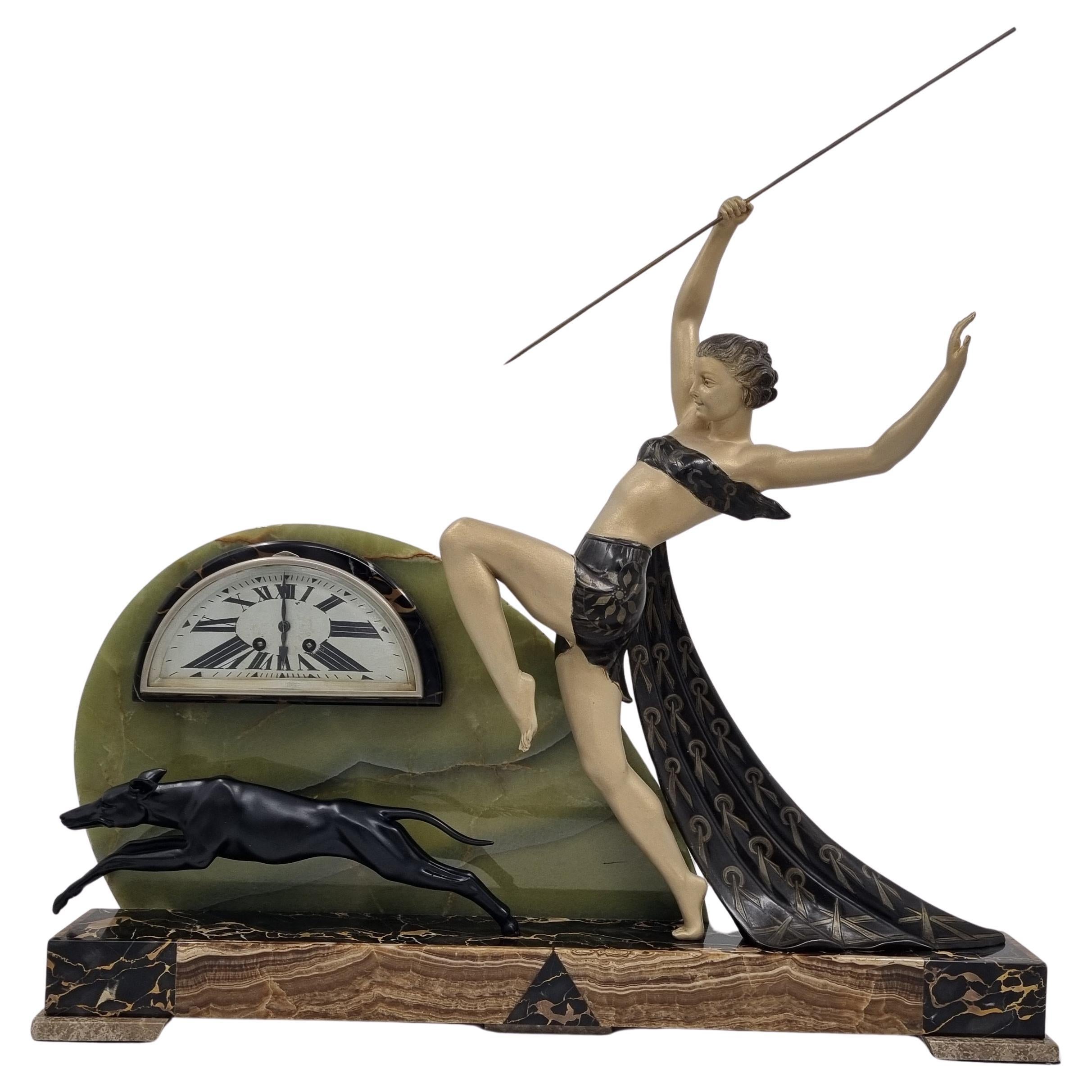 Large Art Deco Clock Diana the Huntress with Greyhound
