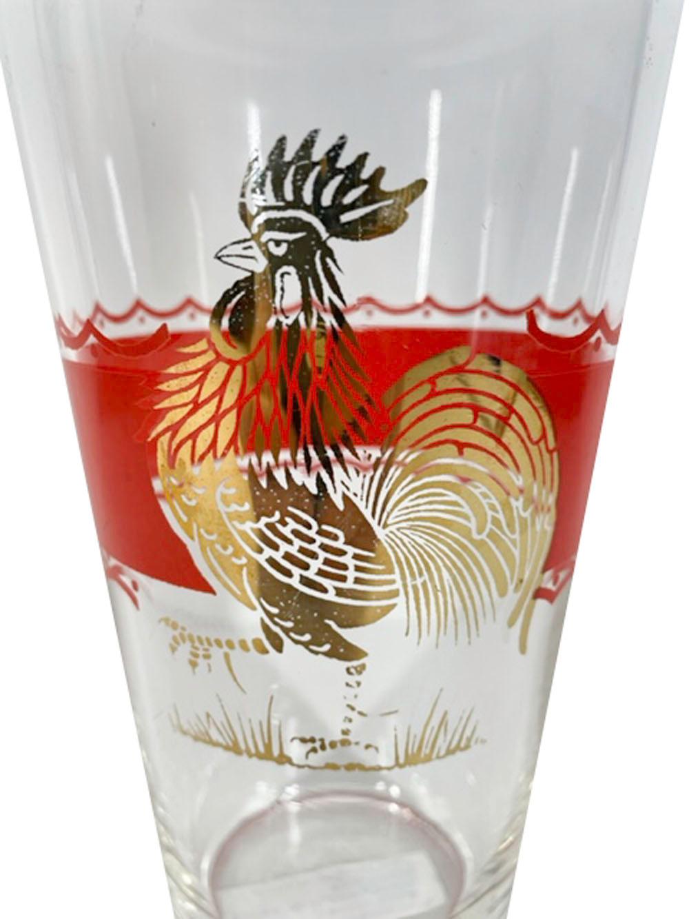 American Large Art Deco Cocktail Shaker with a Gold Rooster and Red Enamel Band For Sale