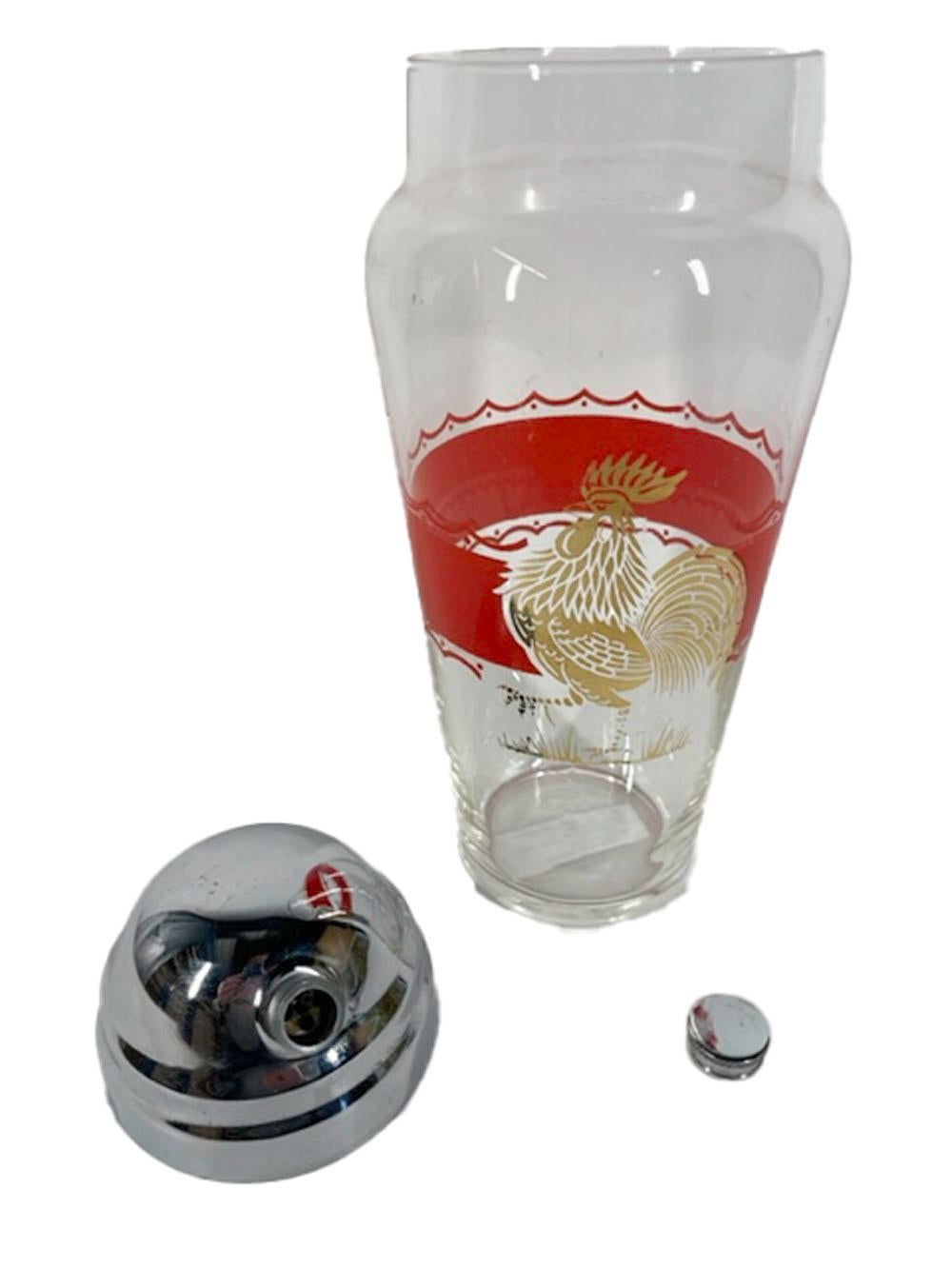 Large Art Deco Cocktail Shaker with a Gold Rooster and Red Enamel Band In Good Condition For Sale In Nantucket, MA