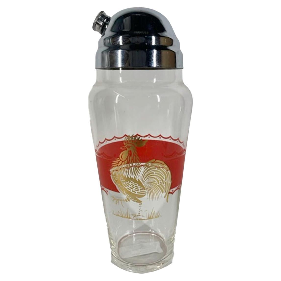 Grande shaker da cocktail Art Deco con gallo dorato e banda smaltata rossa