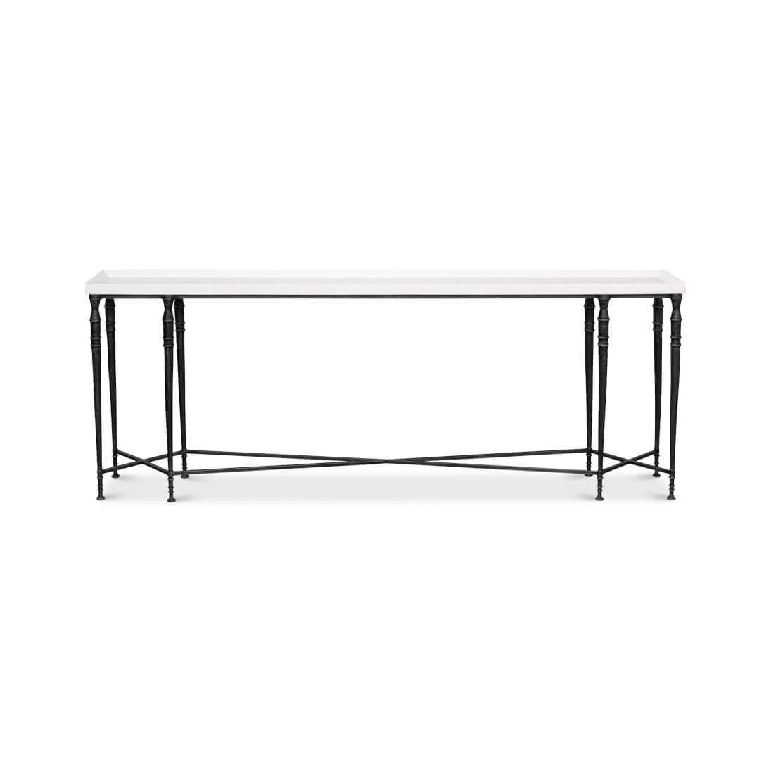 This table features a smooth, off-white tabletop that sits atop a slender black iron frame. The eight iron legs boast subtle ornamental accents that hark back to traditional craftsmanship, while the overall simplicity of the design anchors it firmly