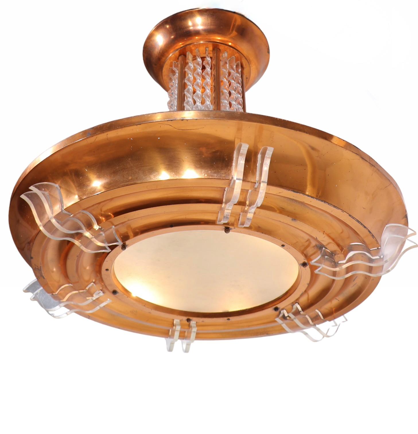 Large Art Deco Copper and Lucite Chandelier, circa 1930s For Sale 7