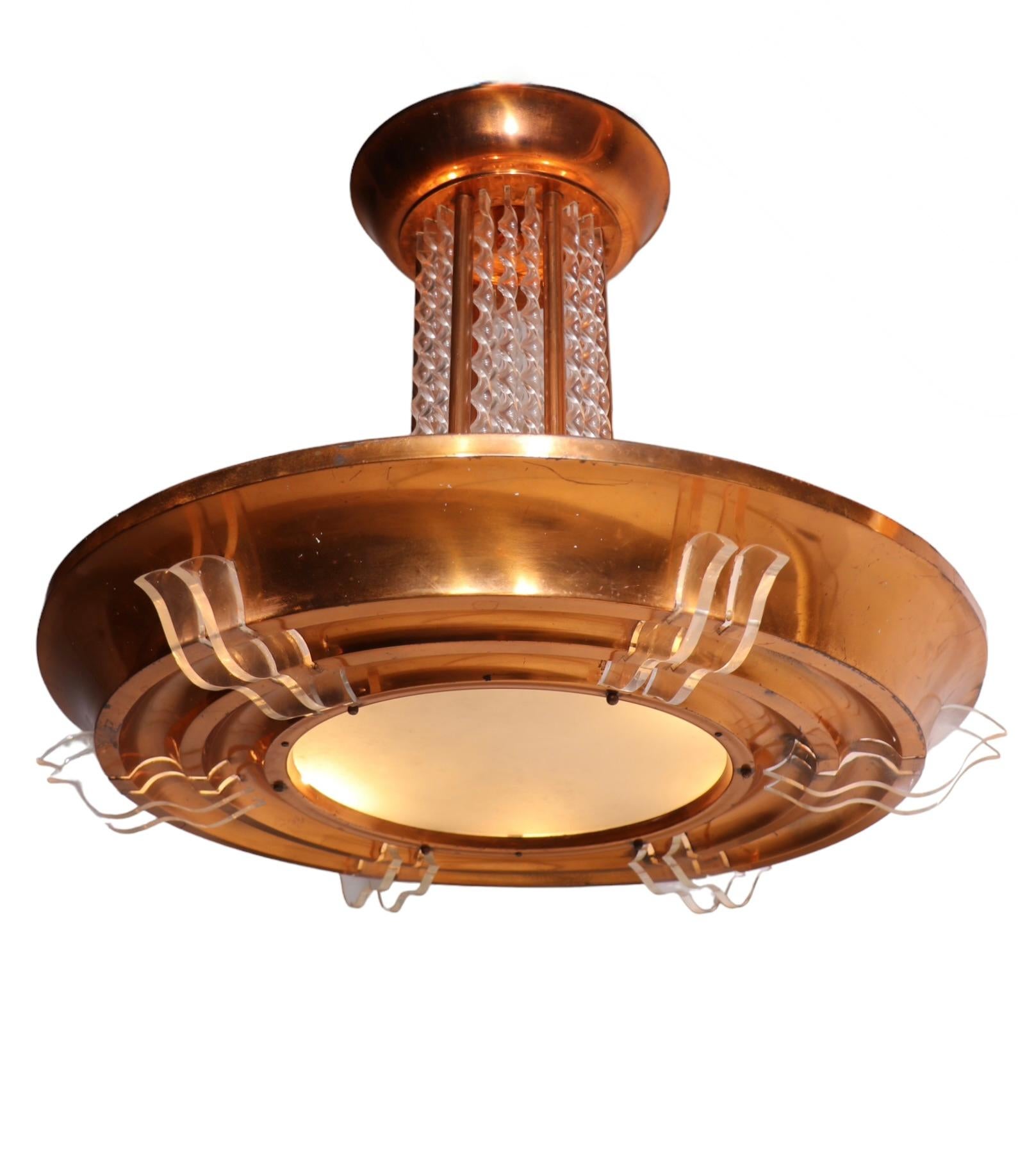 Large Art Deco Copper and Lucite Chandelier, circa 1930s For Sale 2