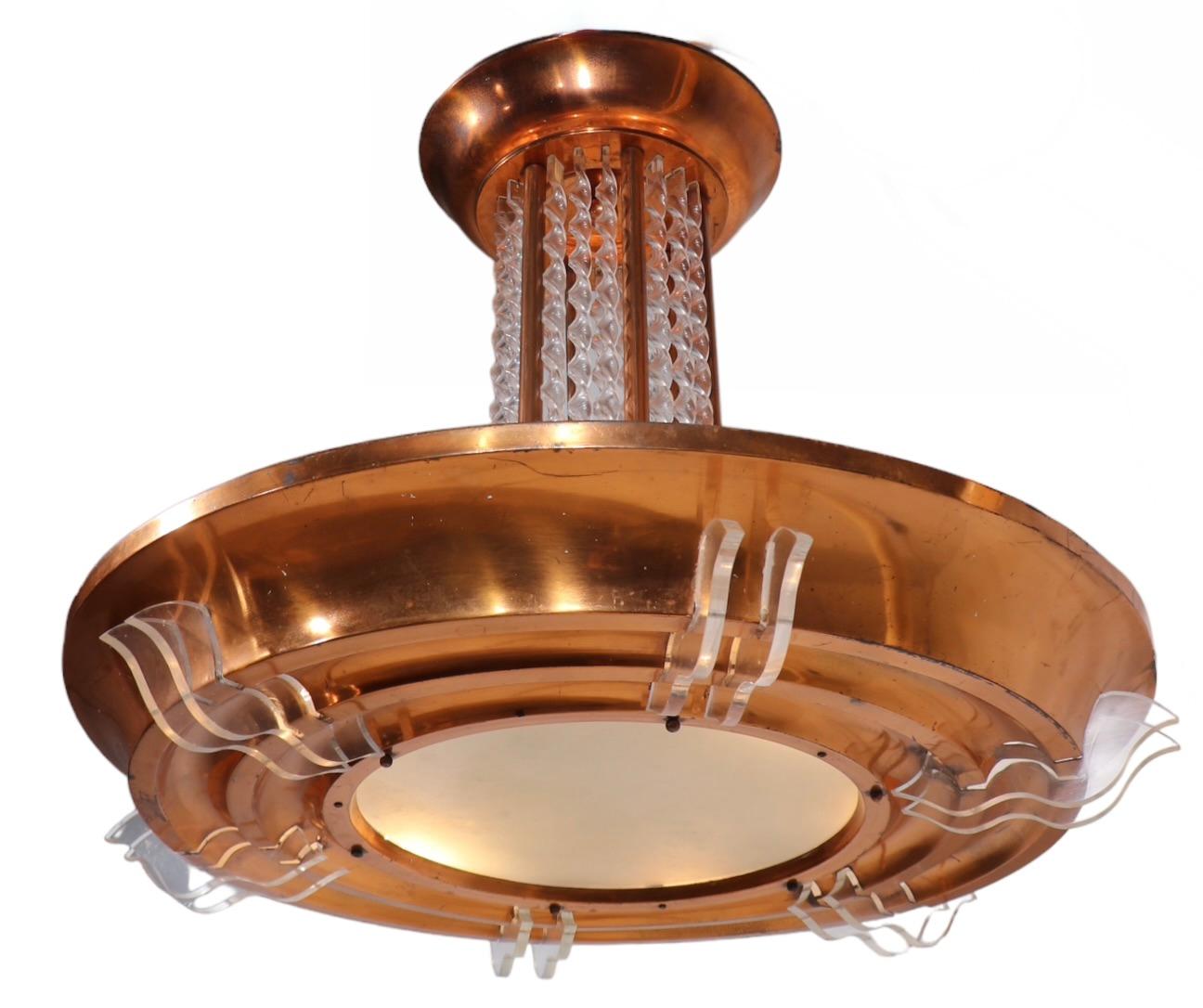 Large Art Deco Copper and Lucite Chandelier, circa 1930s For Sale 4