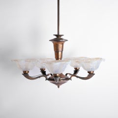 Large Art Deco Copper Oxidised Chandelier - Opalescent Glass Shades By EZAN