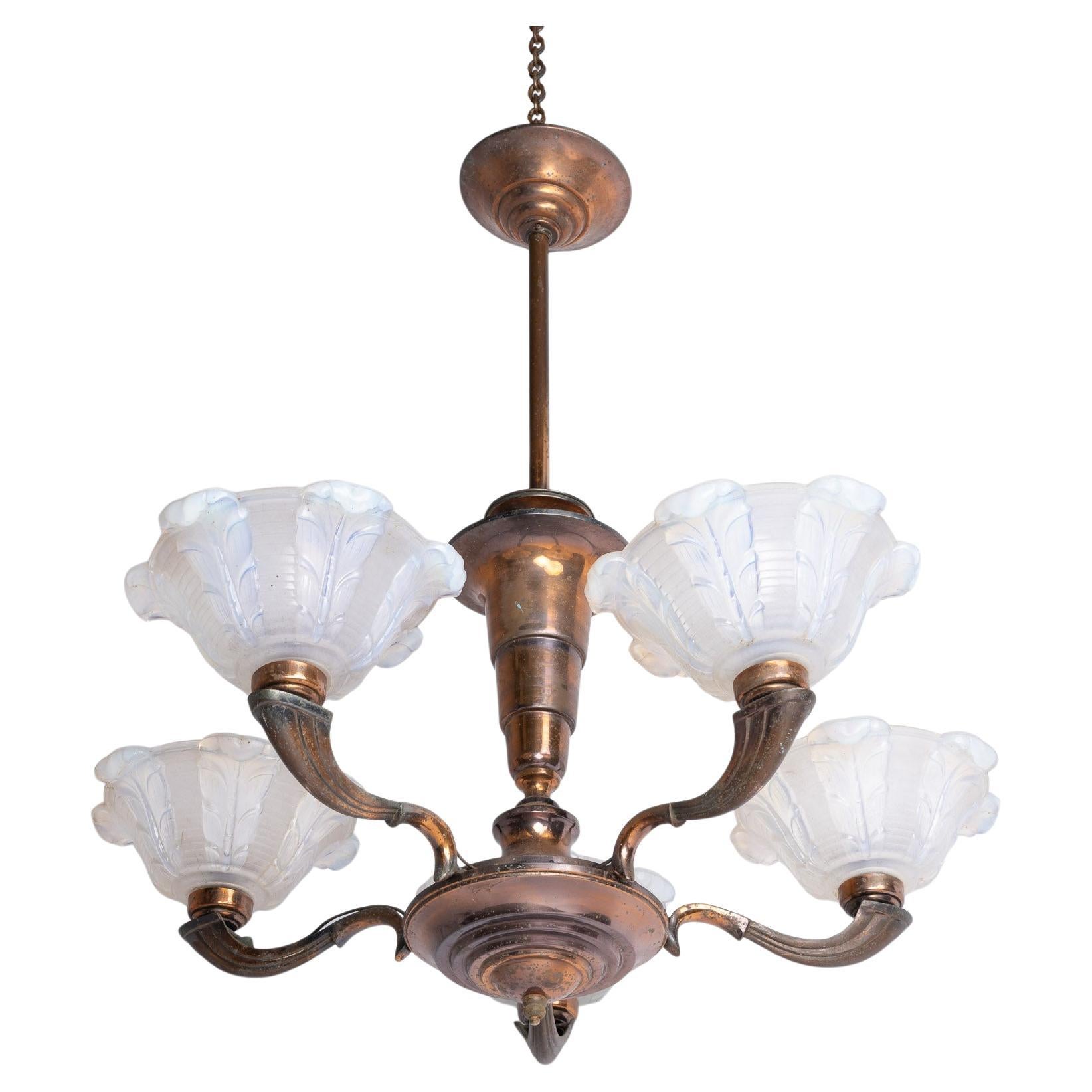 Large Art Deco Copper Oxidised Chandelier - Opalescent Glass Shades By EZAN