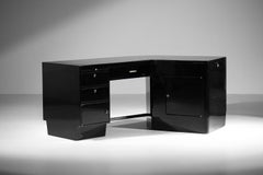 Grand bureau art déco en laque moderniste noire dans le style de Jacques Adnet
