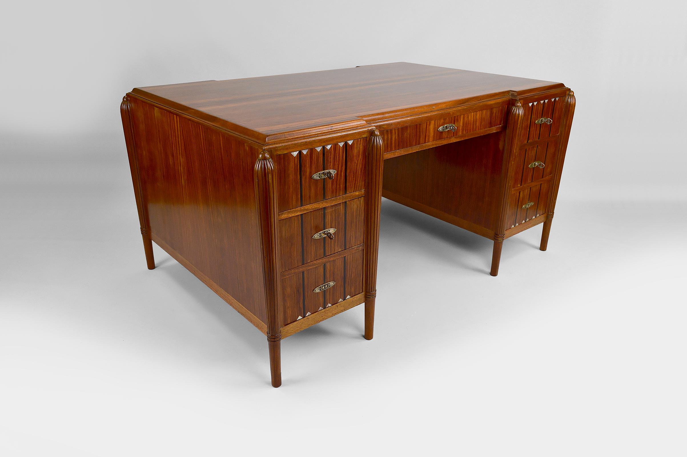 Large Art Deco Desk in Rosewood, Mother-of-Pearl and Ebony, France, circa 1920 6