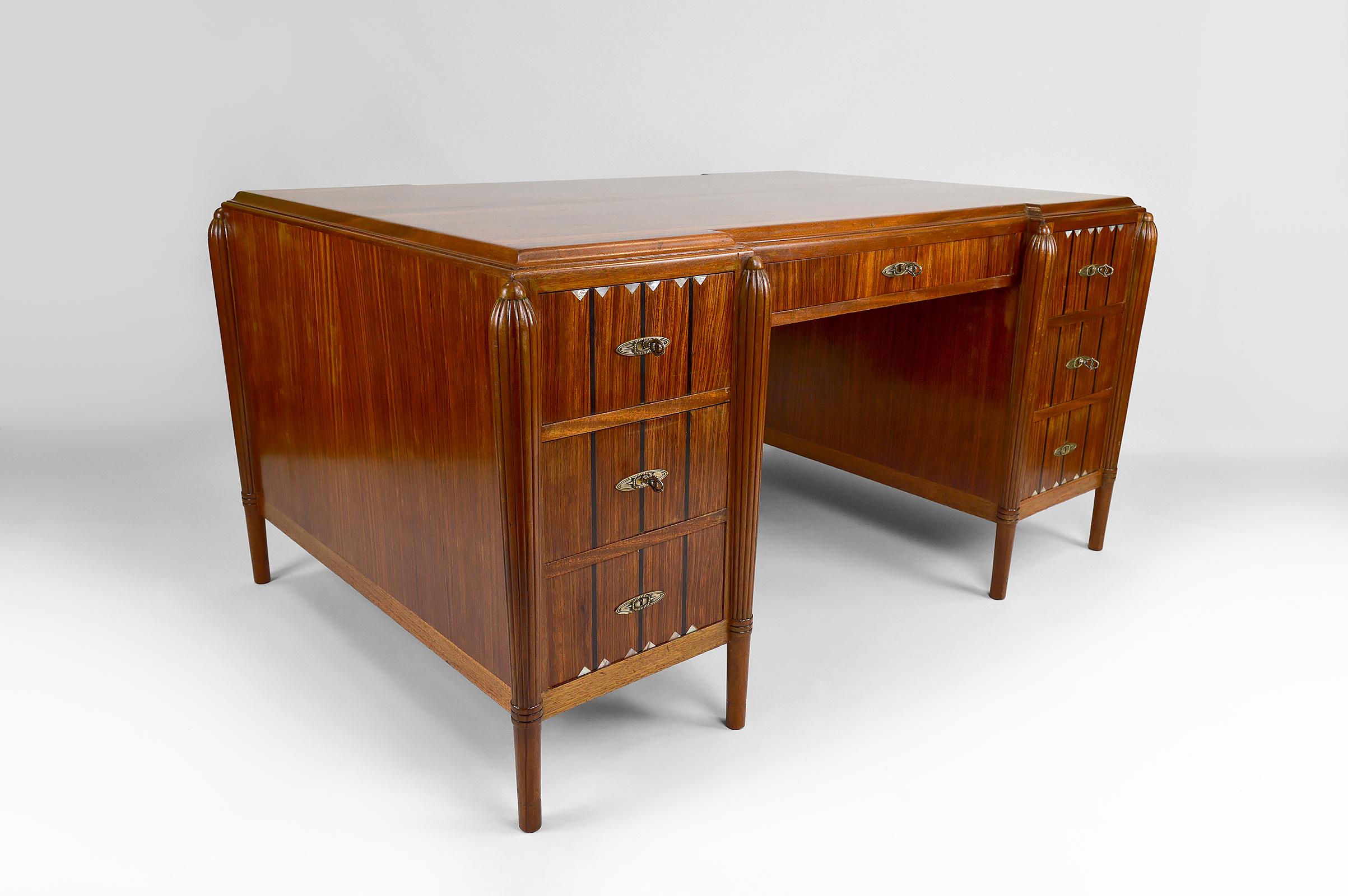 French Large Art Deco Desk in Rosewood, Mother-of-Pearl and Ebony, France, circa 1920