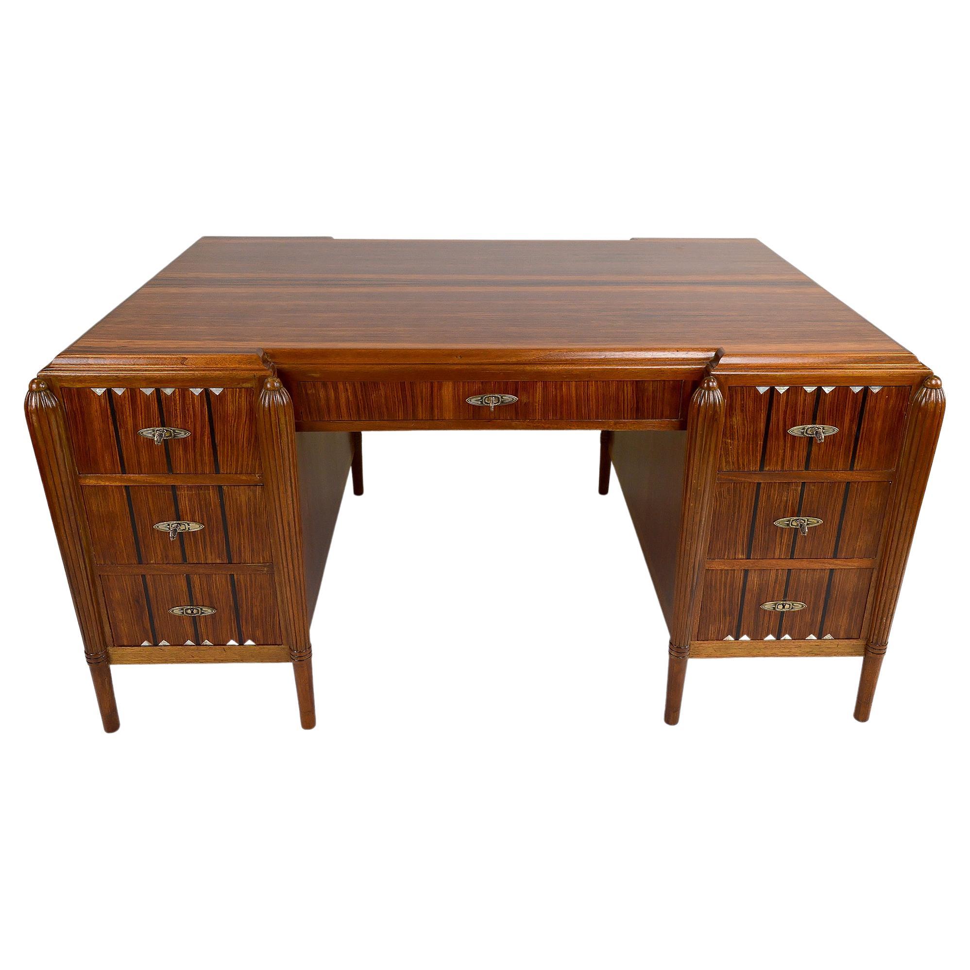 Large Art Deco Desk in Rosewood, Mother-of-Pearl and Ebony, France, circa 1920