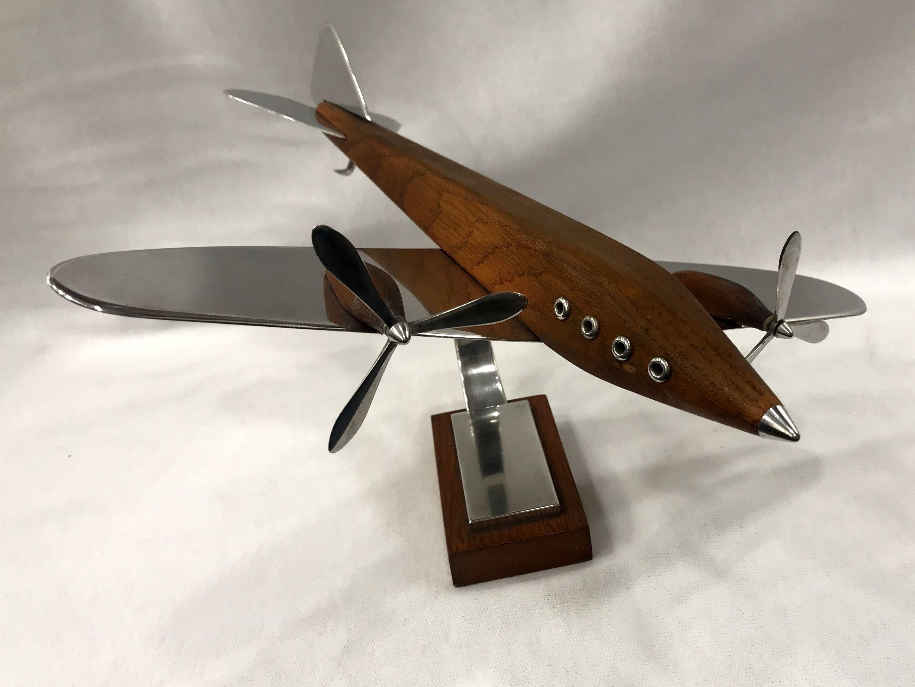 French Large Art Deco Desk Model Airplane Aluminium and Teak Wood, France, 1930 For Sale