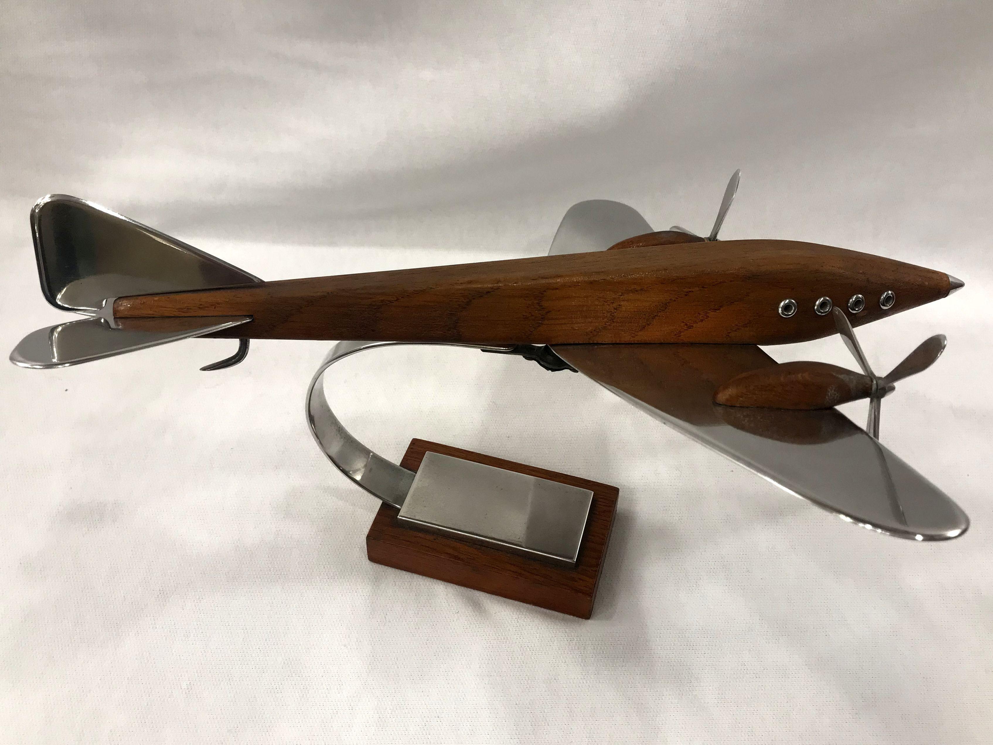 Polished Large Art Deco Desk Model Airplane Aluminium and Teak Wood, France, 1930 For Sale